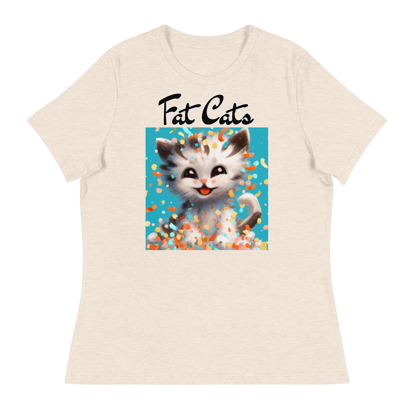 Women's T-Shirt with Happy Kitten With Confetti with a text "Fat Cats" at $25.97 found at Personalizedpetlovergifts