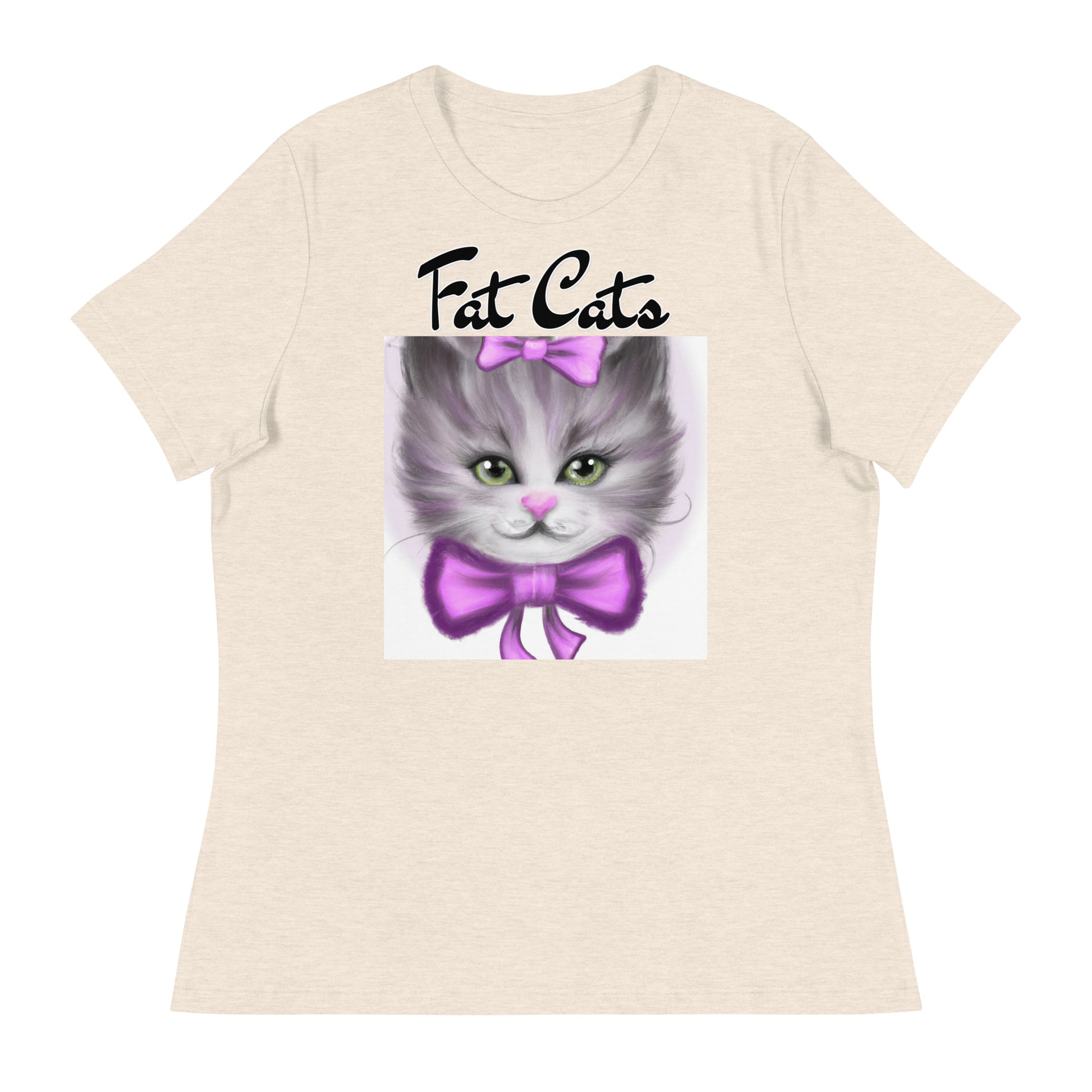 Women's T-Shirt with Happy Kitten With a Purple Bow with a text "Fat Cats" at $25.97 found at Personalizedpetlovergifts