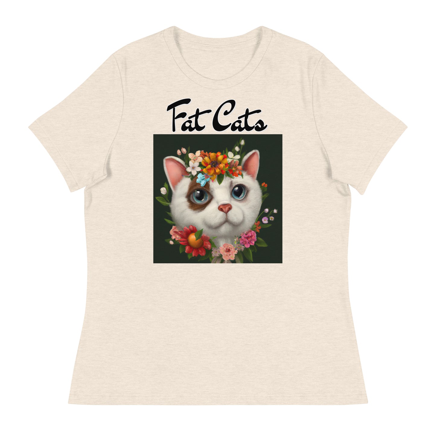 Women's T-Shirt with Happy Cat Portrait With Flowers with a text "Fat Cats" at $25.97 found at Personalizedpetlovergifts