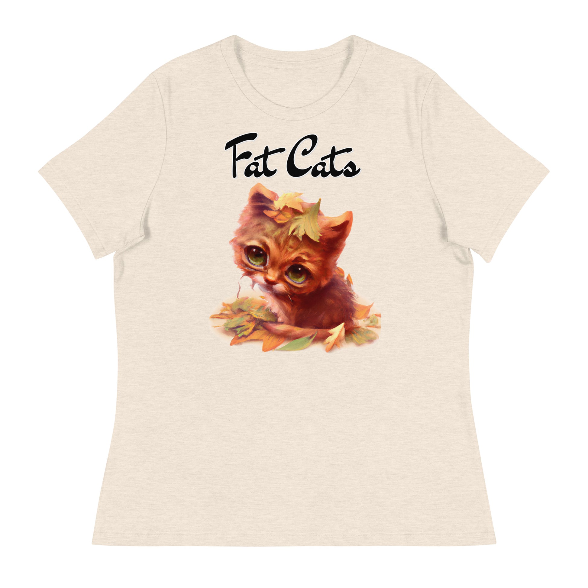 Women's T-Shirt with Ginger Cat With Autumn Leaves with a text "Fat Cats" at $25.97 found at Personalizedpetlovergifts