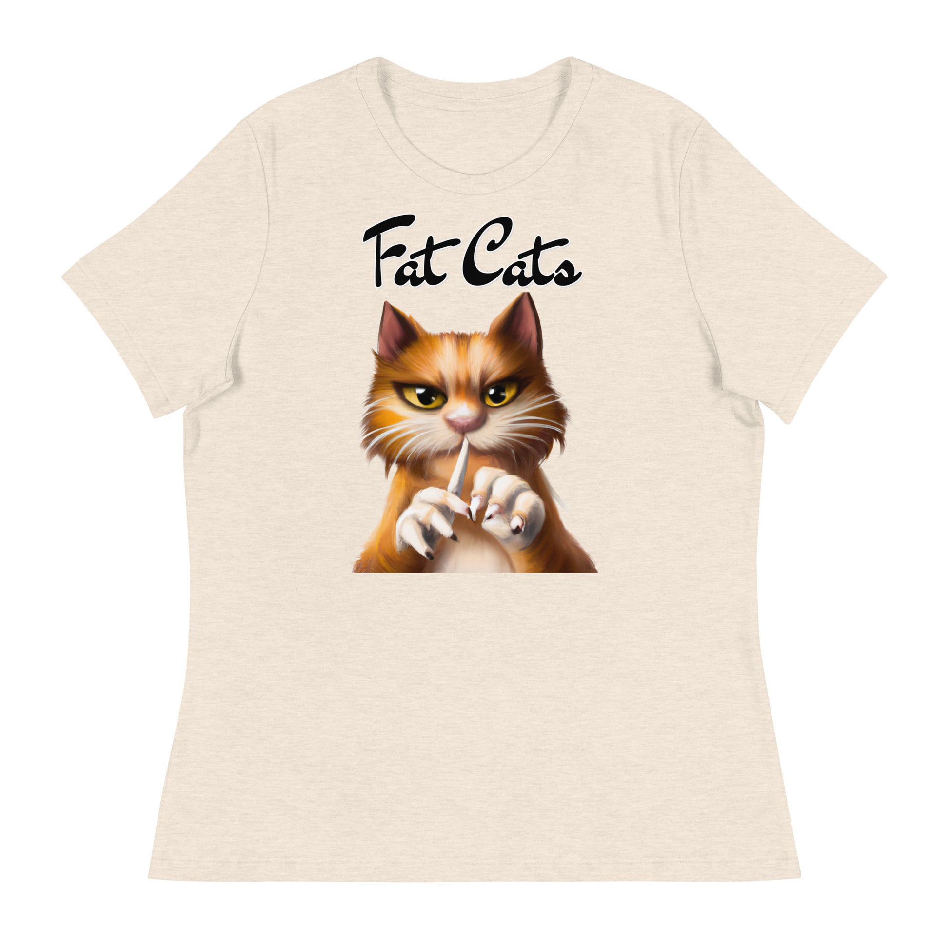 Women's T-Shirt with Ginger Cat Filing Its Nails with a text "Fat Cats" at $25.97 found at Personalizedpetlovergifts