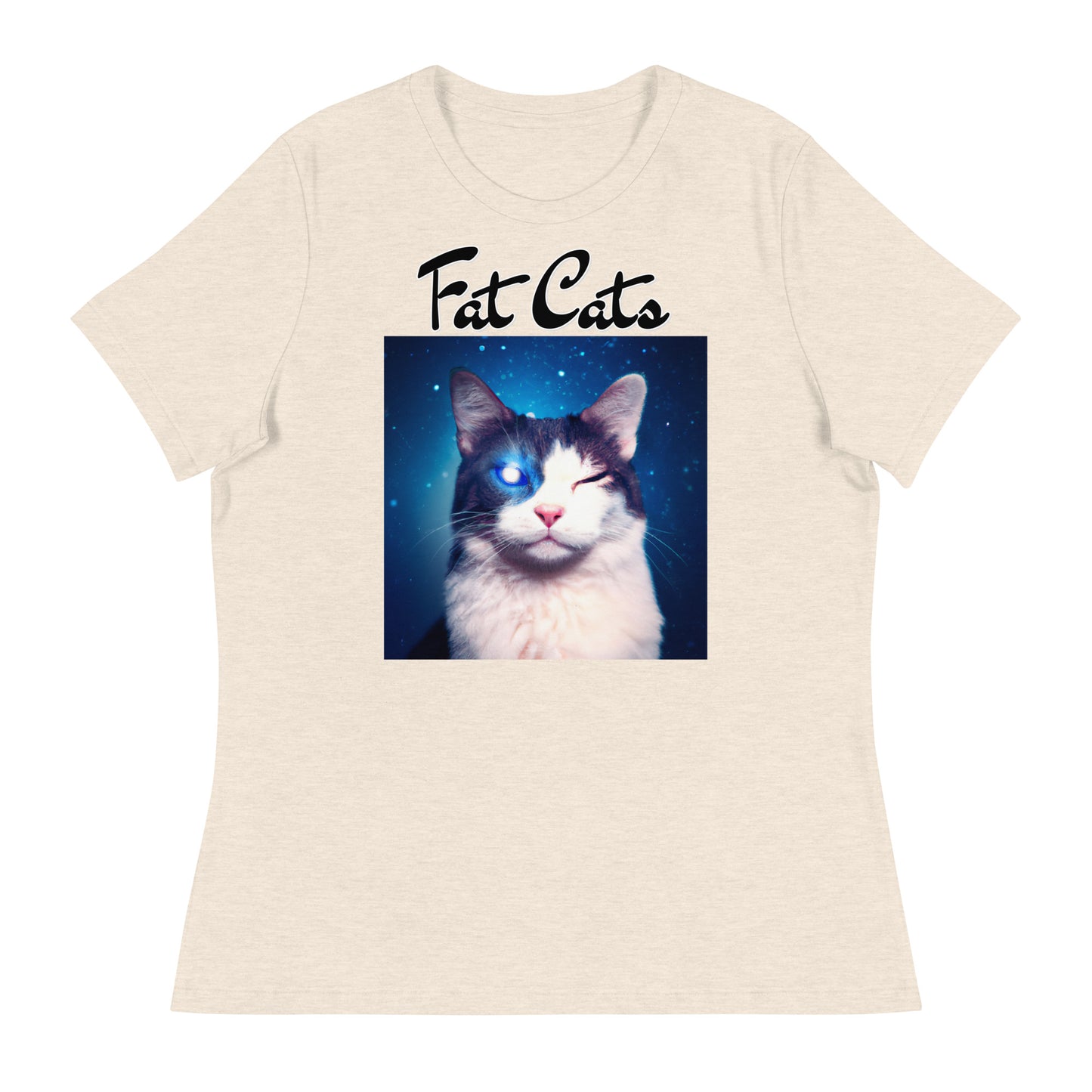 Women's T-Shirt with Galaxy Eyed Cat with a text "Fat Cats" at $25.97 found at Personalizedpetlovergifts