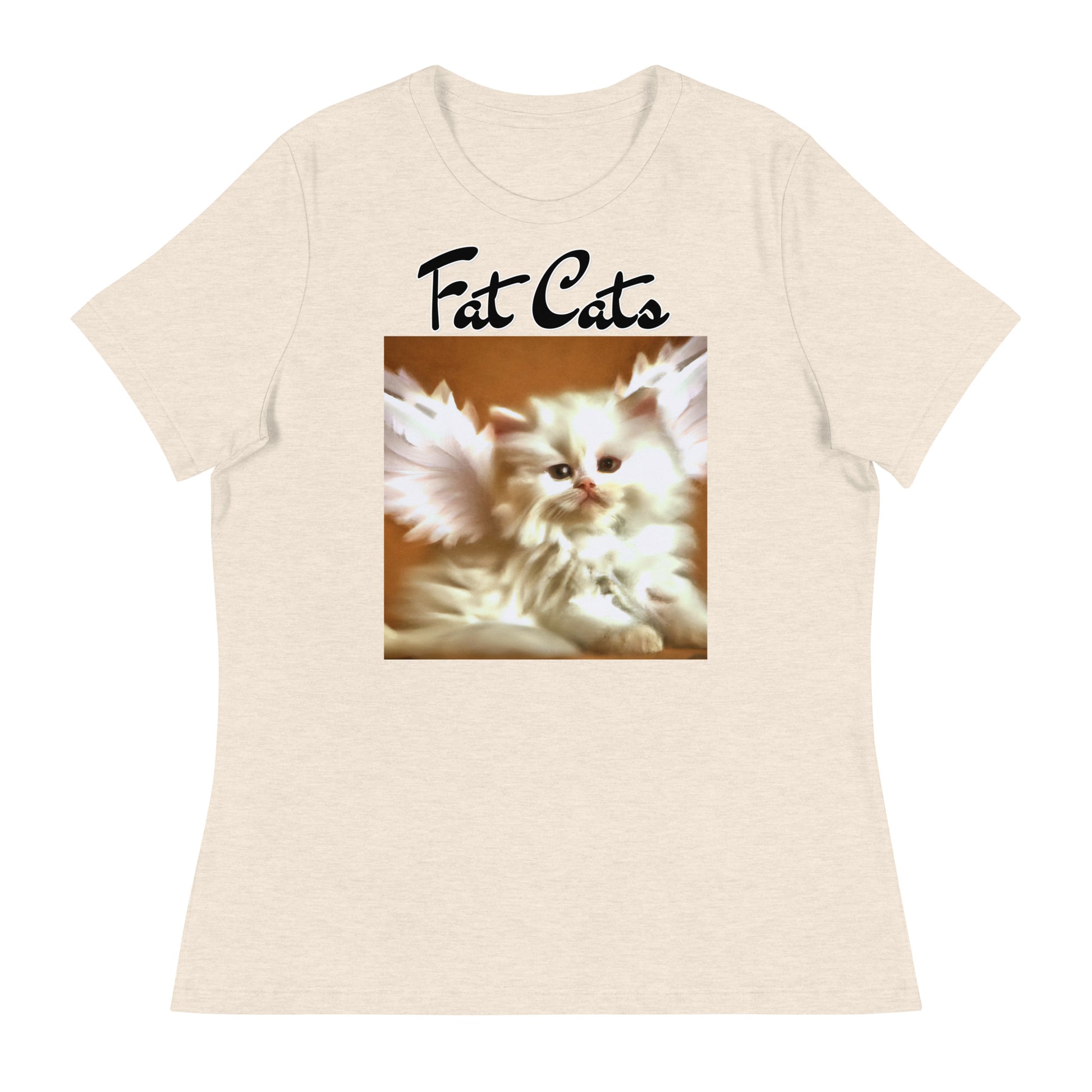 Women's T-Shirt with Fluffy White Kitten With Angel Wings with a text "Fat Cats" at $25.97 found at Personalizedpetlovergifts