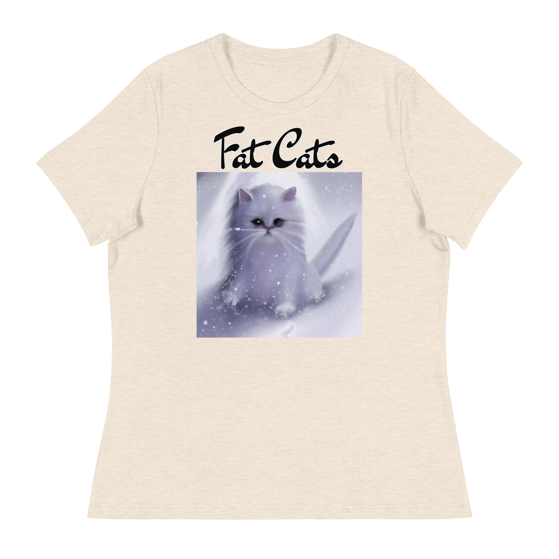 Women's T-Shirt with Fluffy White Kitten In The SNow with a text "Fat Cats" at $25.97 found at Personalizedpetlovergifts