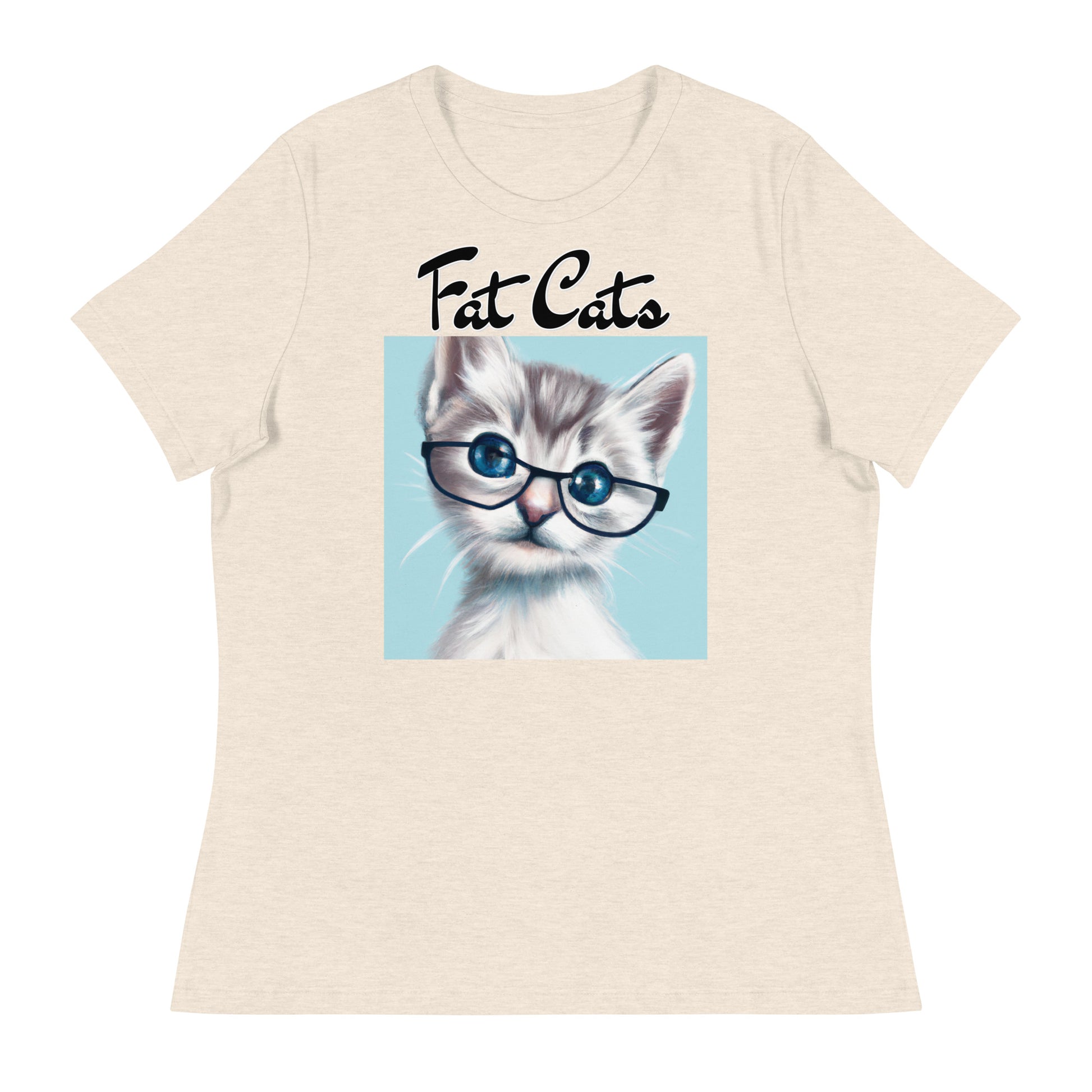 Women's T-Shirt with Fluffy Kitten With Glasses with a text "Fat Cats" at $25.97 found at Personalizedpetlovergifts