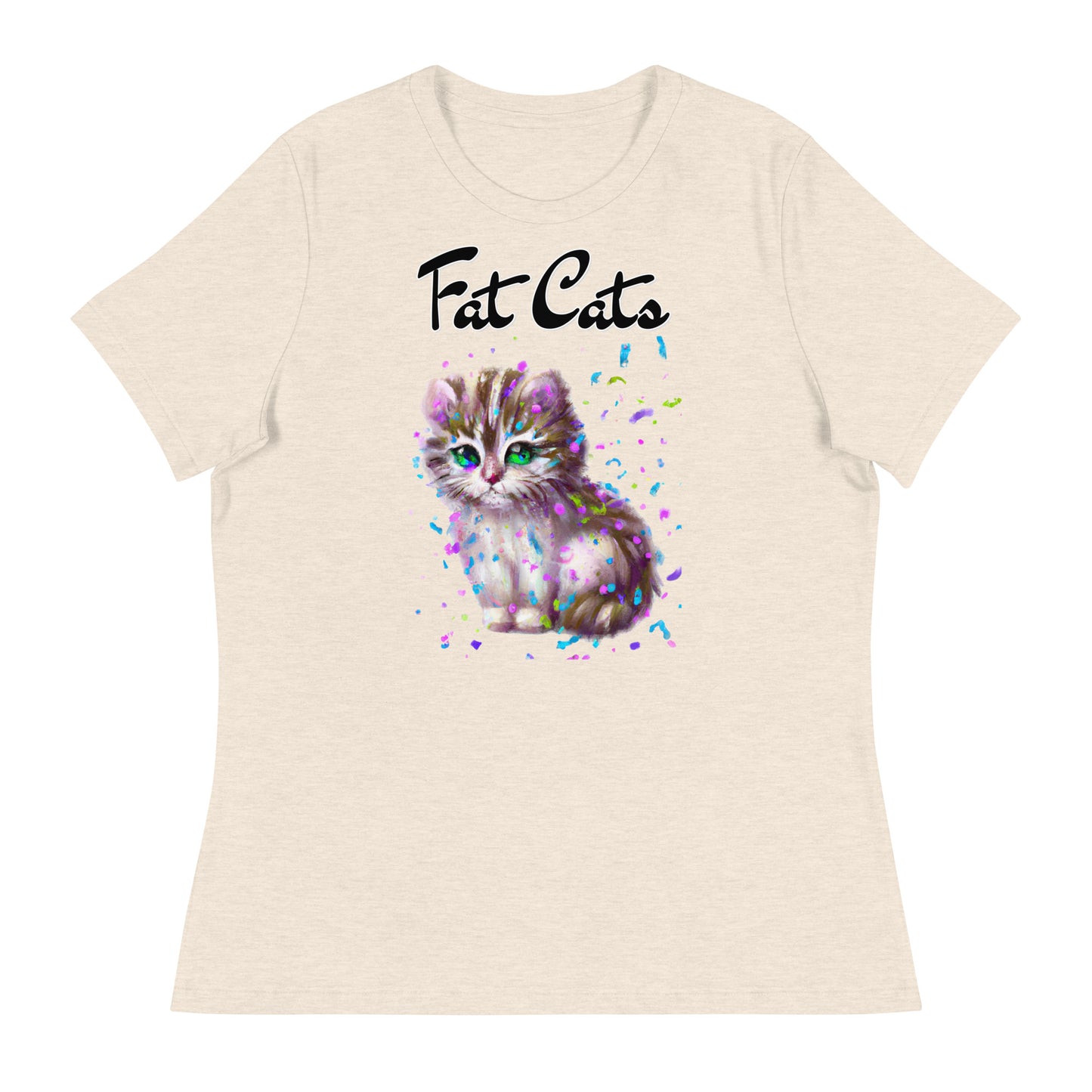 Women's T-Shirt with Fluffy Kitten With Confetti with a text "Fat Cats" at $25.97 found at Personalizedpetlovergifts