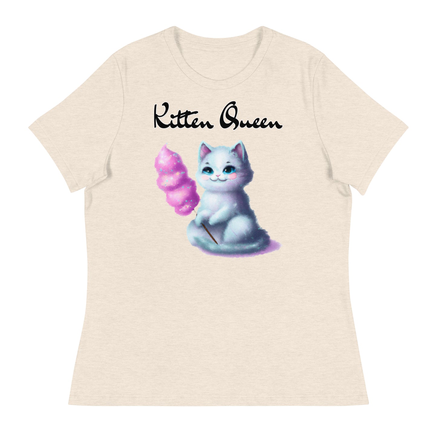 Women's T-Shirt with Kitten Holding A Cotton Candy with a text "Kitten Queen" at $25.97 found at Personalizedpetlovergifts