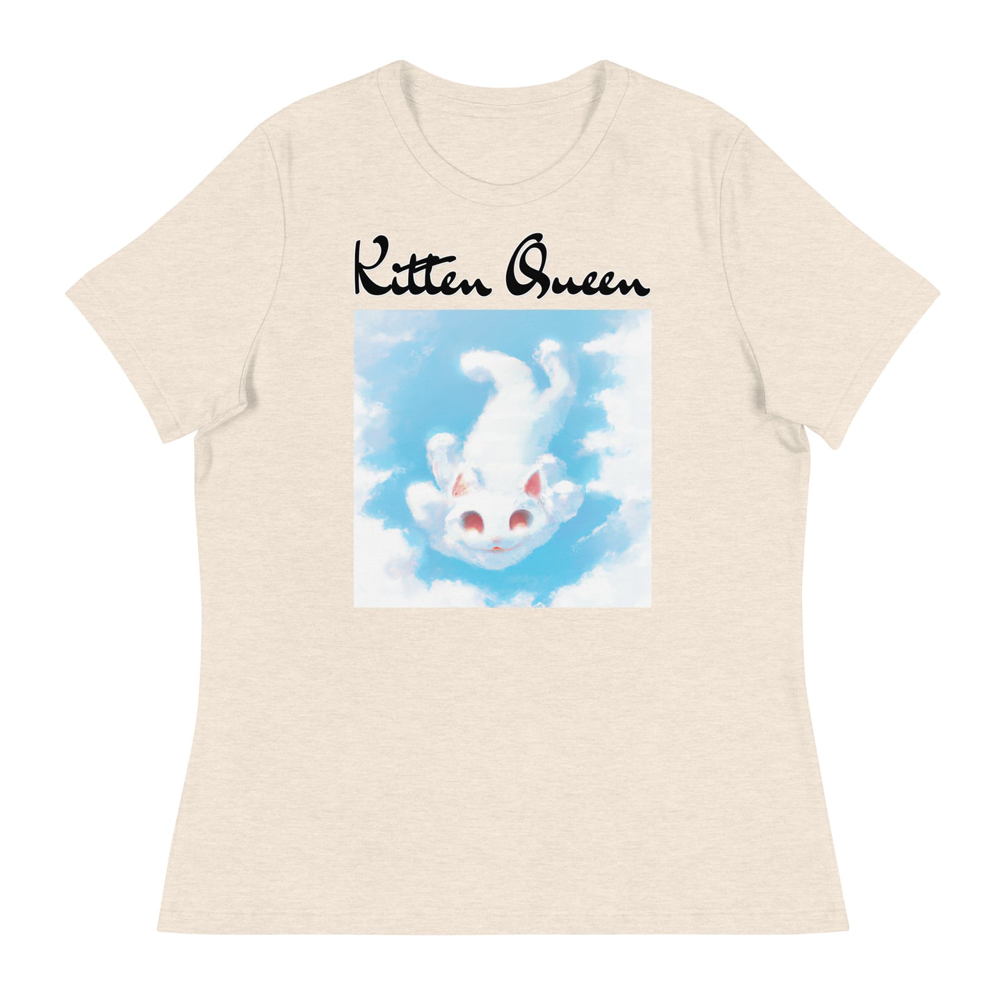 Women's T-Shirt with Kitten Flying In The Sky with a text "Kitten Queen" at $25.97 found at Personalizedpetlovergifts