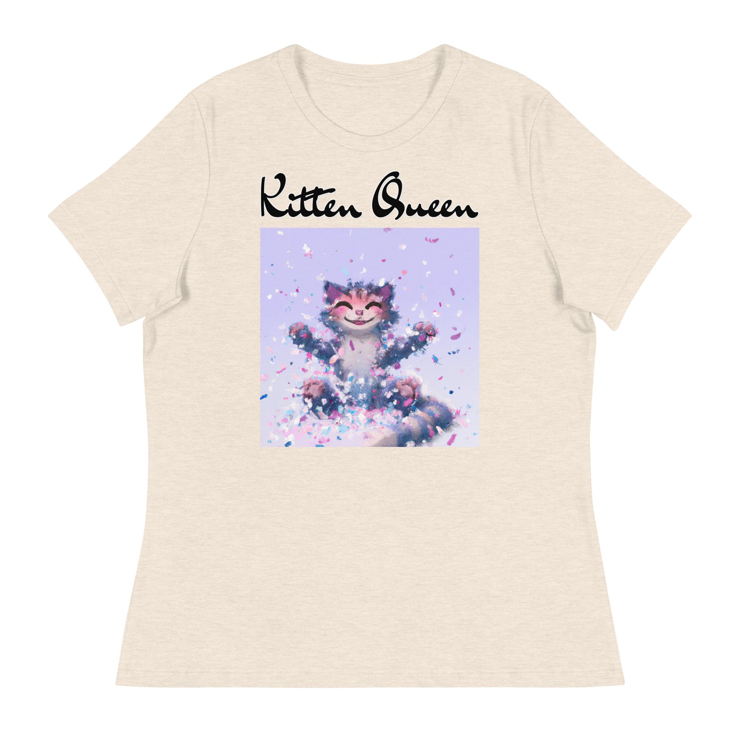 Women's T-Shirt with Kitten Enjoying Confetti with a text "Kitten Queen" at $25.97 found at Personalizedpetlovergifts