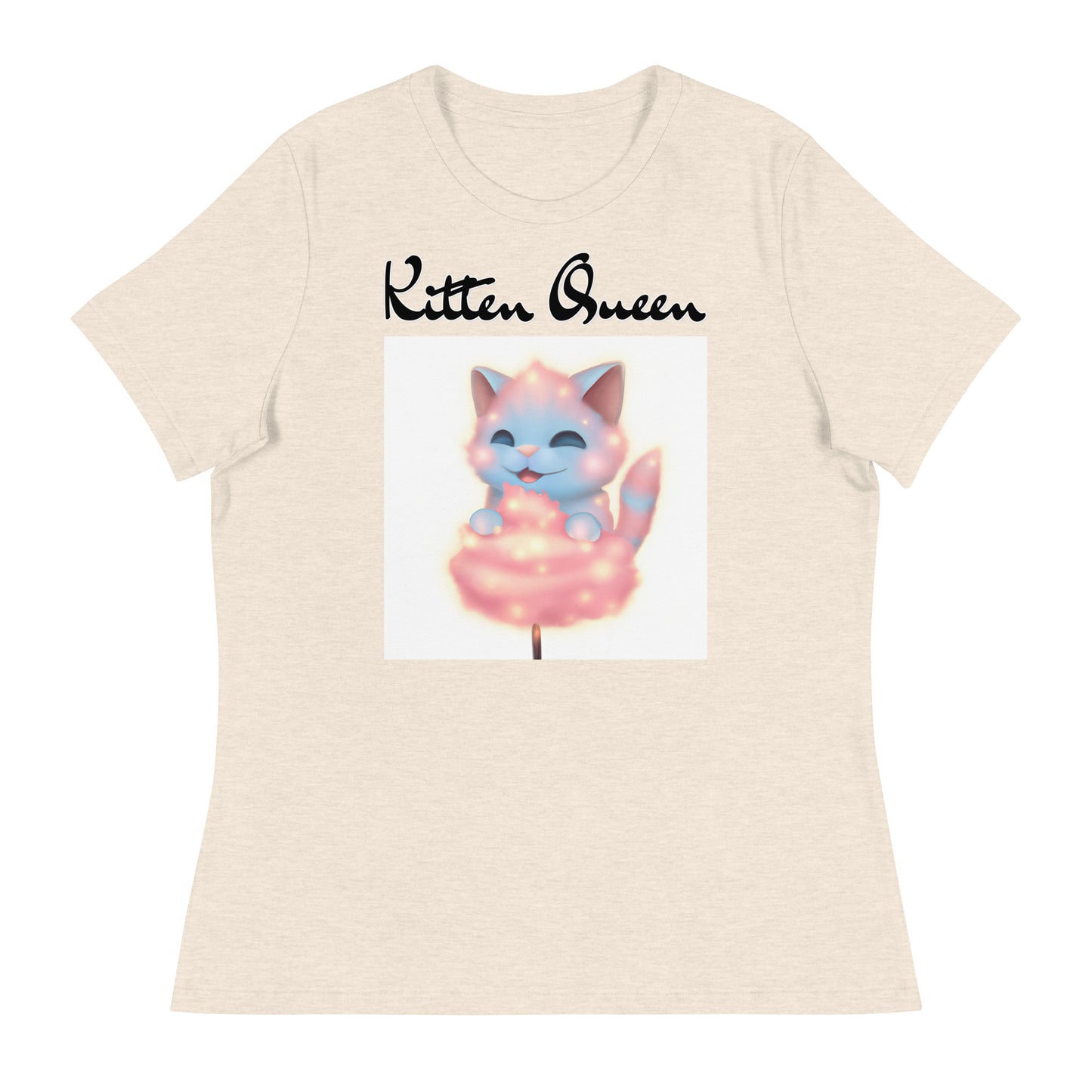 Women's T-Shirt with Kitten Enjoying a Cotton Candy with a text "Kitten Queen" at $25.97 found at Personalizedpetlovergifts