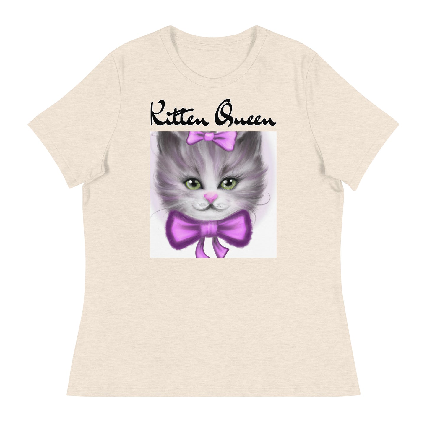 Women's T-Shirt with Happy Kitten With a Purple Bow with a text "Kitten Queen" at $25.97 found at Personalizedpetlovergifts