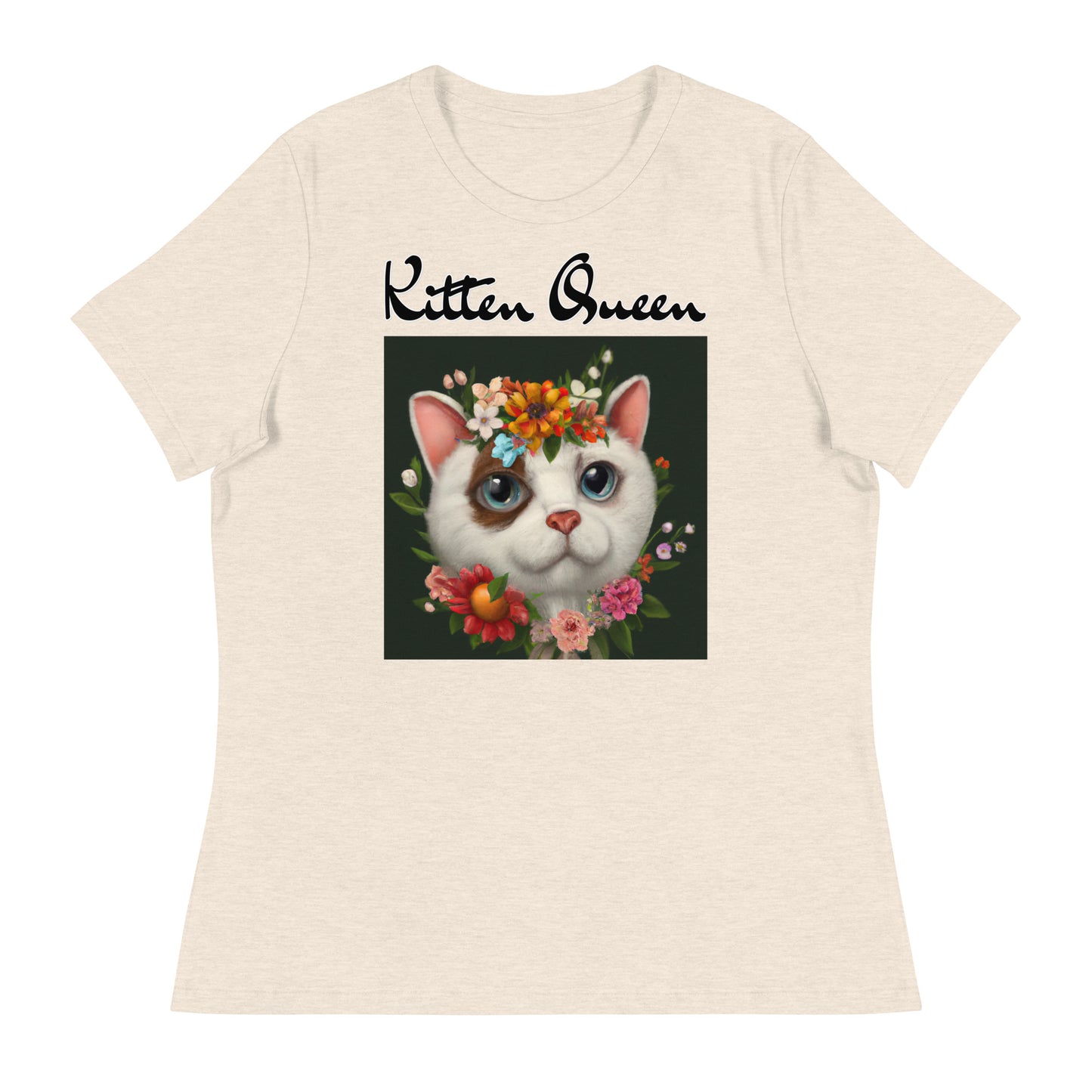 Women's T-Shirt with Happy Cat Portrait With Flowers with a text "Kitten Queen" at $25.97 found at Personalizedpetlovergifts