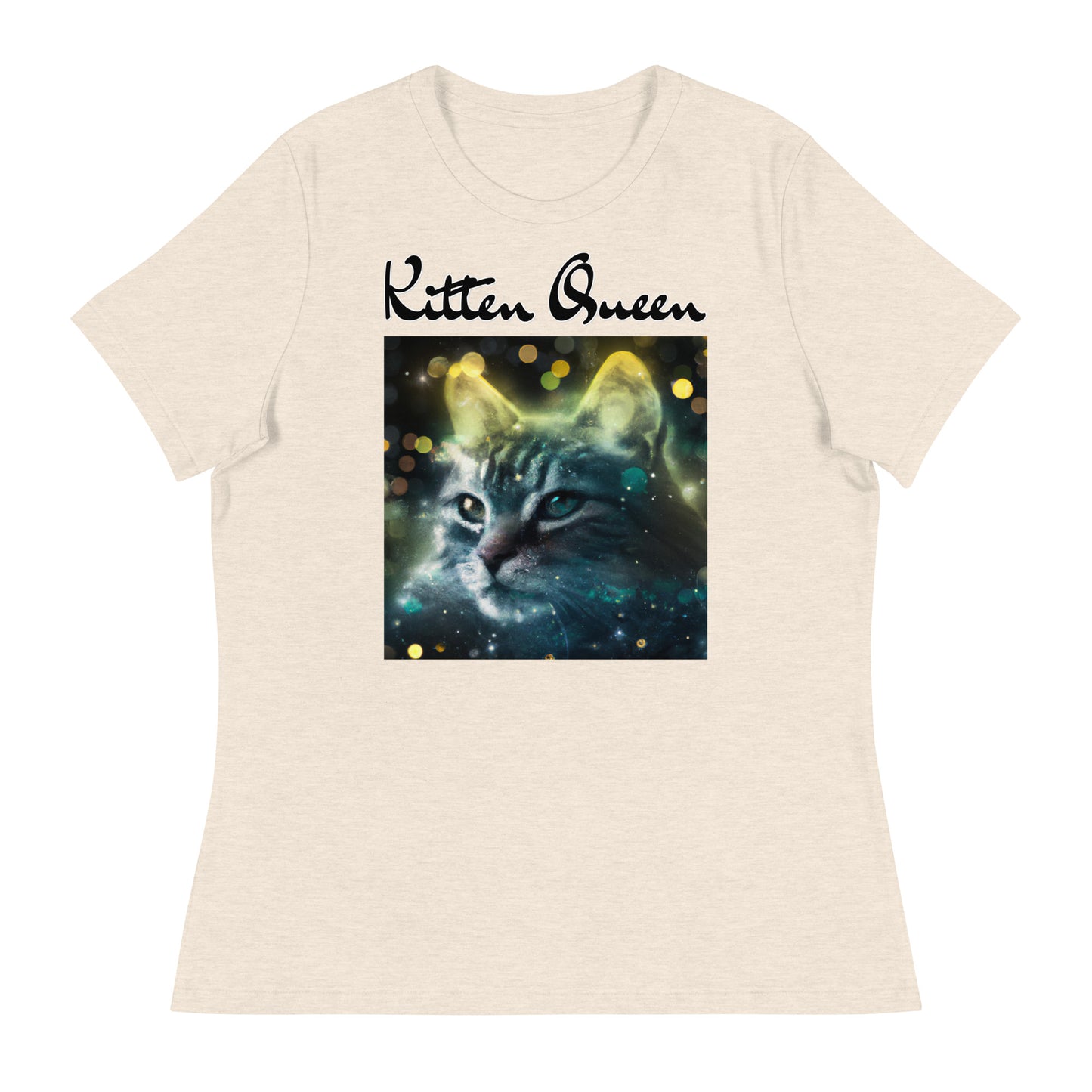 Women's T-Shirt with Green Space Cat with a text "Kitten Queen" at $25.97 found at Personalizedpetlovergifts