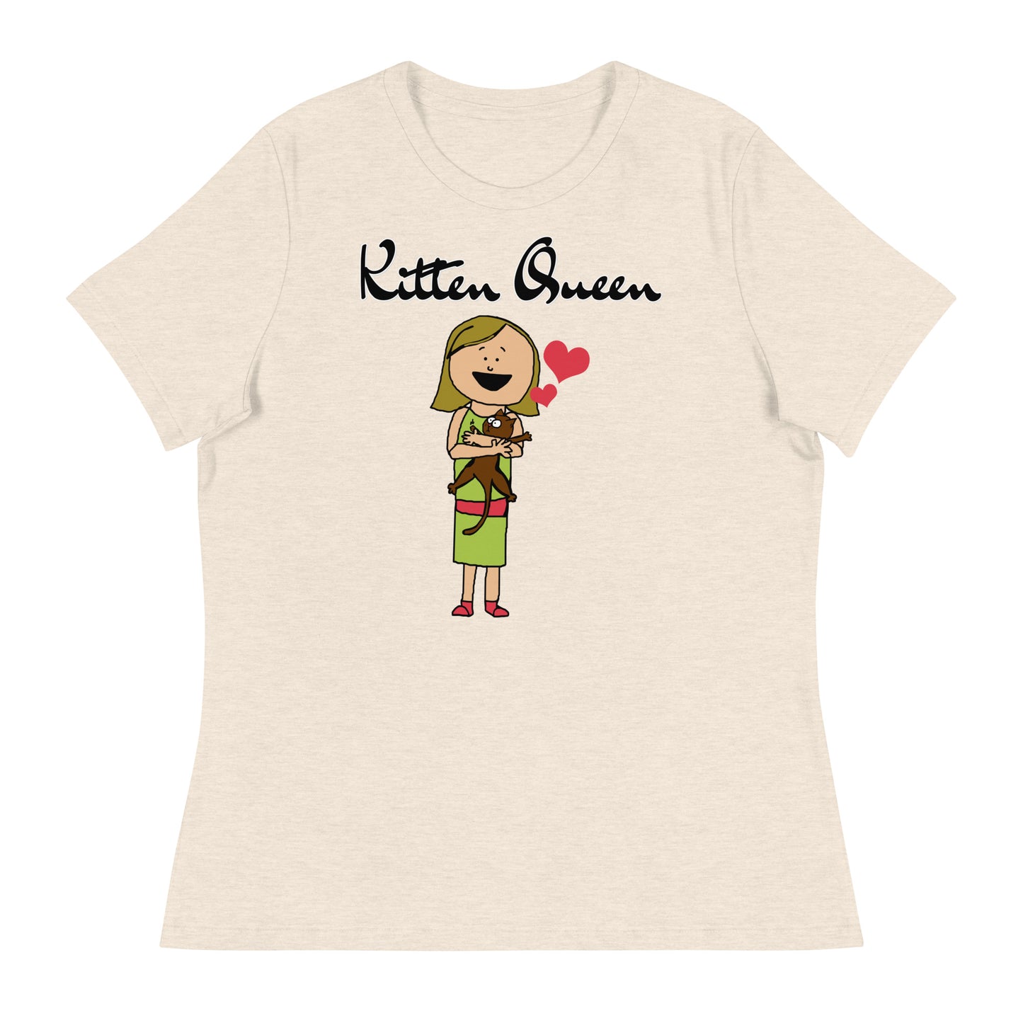 Women's T-Shirt with Girl Holding a Kitten with a text "Kitten Queen" at $25.97 found at Personalizedpetlovergifts