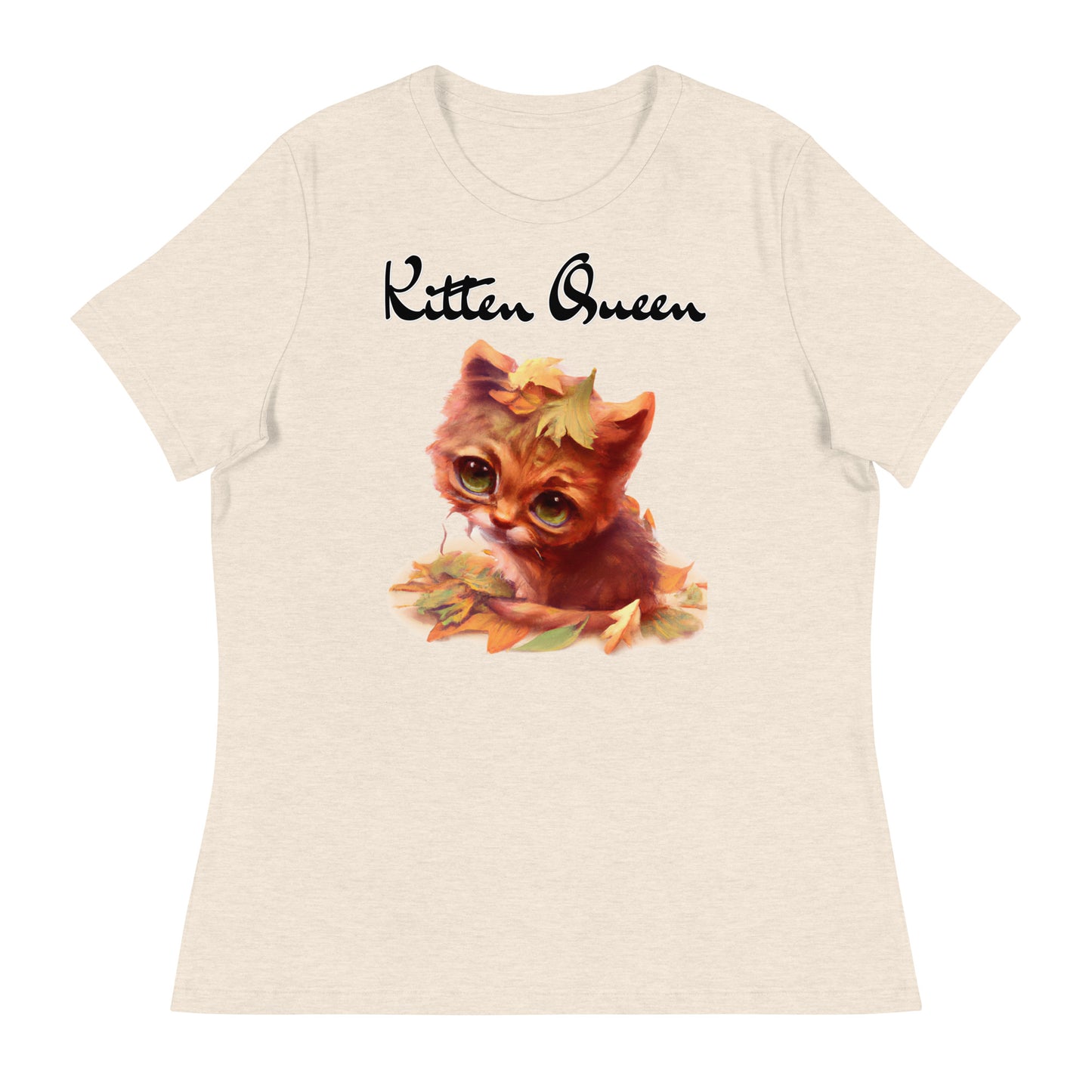 Women's T-Shirt with Ginger Cat With Autumn Leaves with a text "Kitten Queen" at $25.97 found at Personalizedpetlovergifts