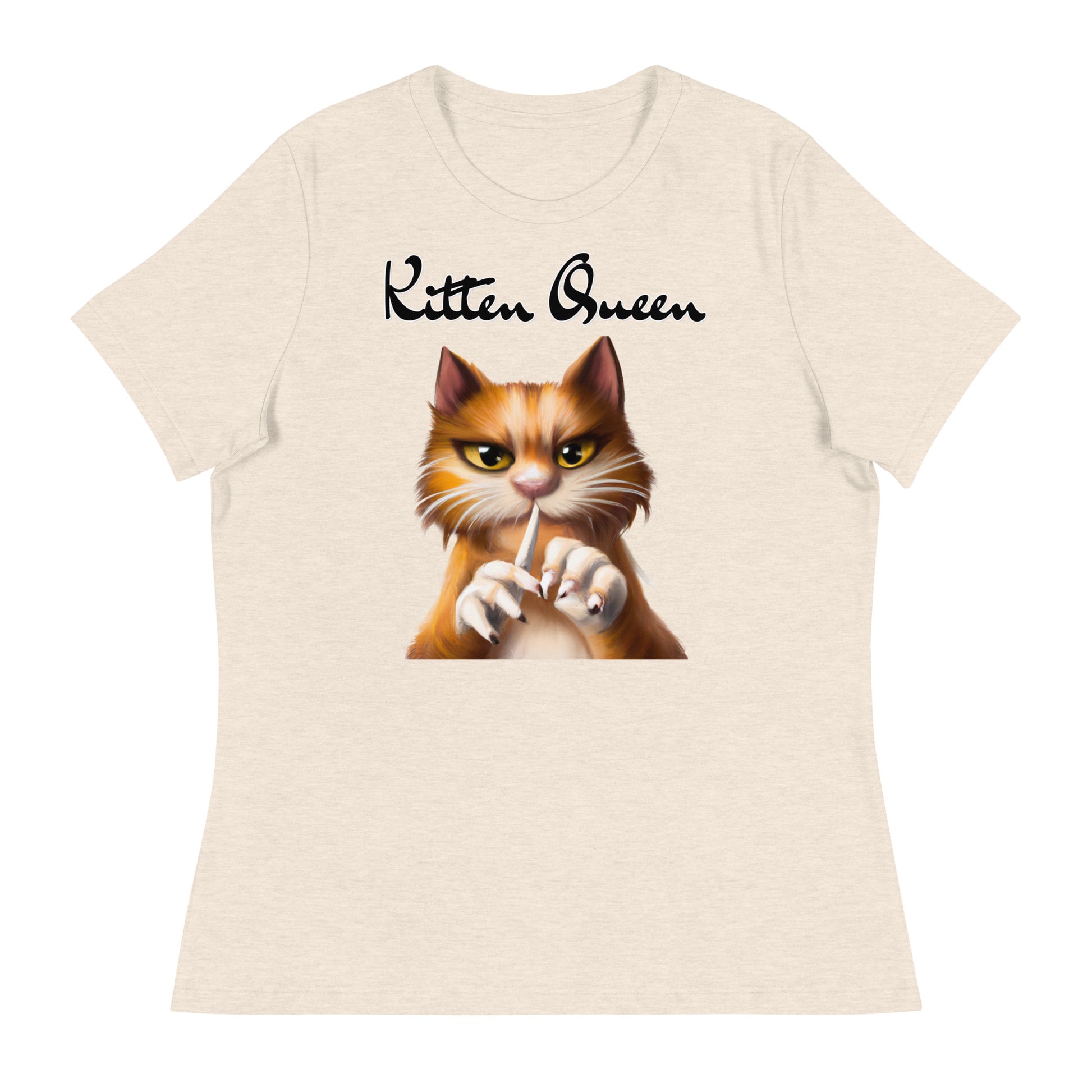 Women's T-Shirt with Ginger Cat Filing Its Nails with a text "Kitten Queen" at $25.97 found at Personalizedpetlovergifts