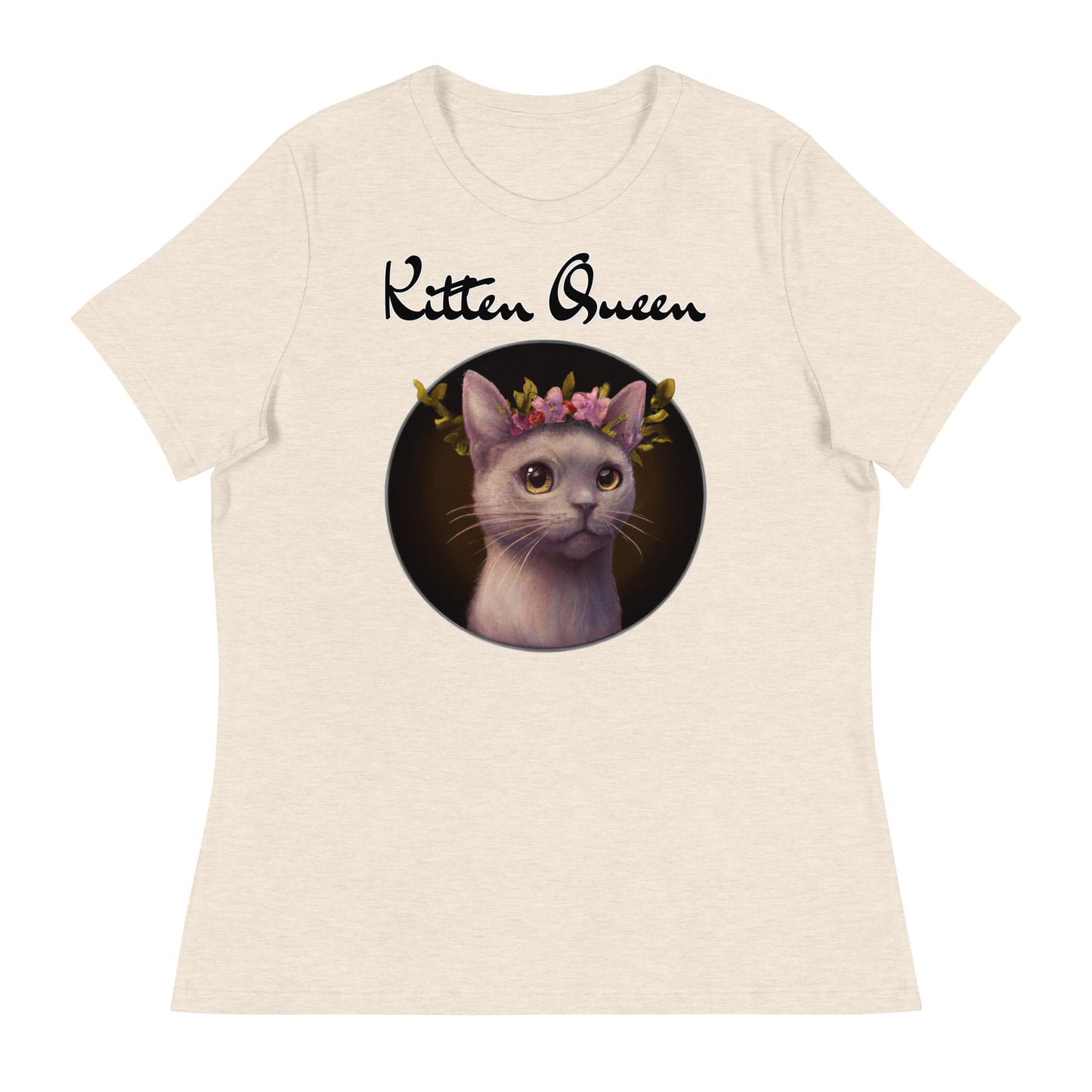 Women's T-Shirt with Gentle Cat With Pink Floral Headpiece with a text "Kitten Queen" at $25.97 found at Personalizedpetlovergifts