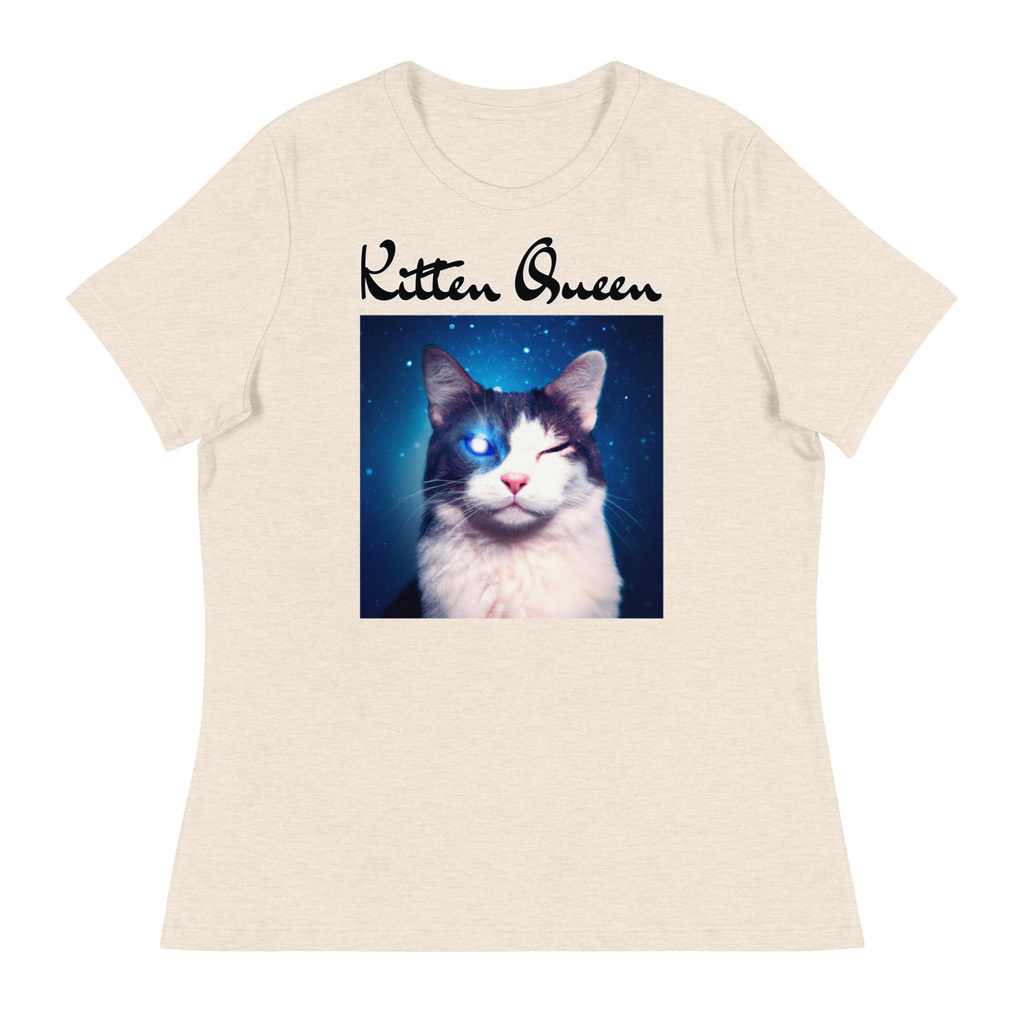 Women's T-Shirt with Galaxy Eyed Cat with a text "Kitten Queen" at $25.97 found at Personalizedpetlovergifts