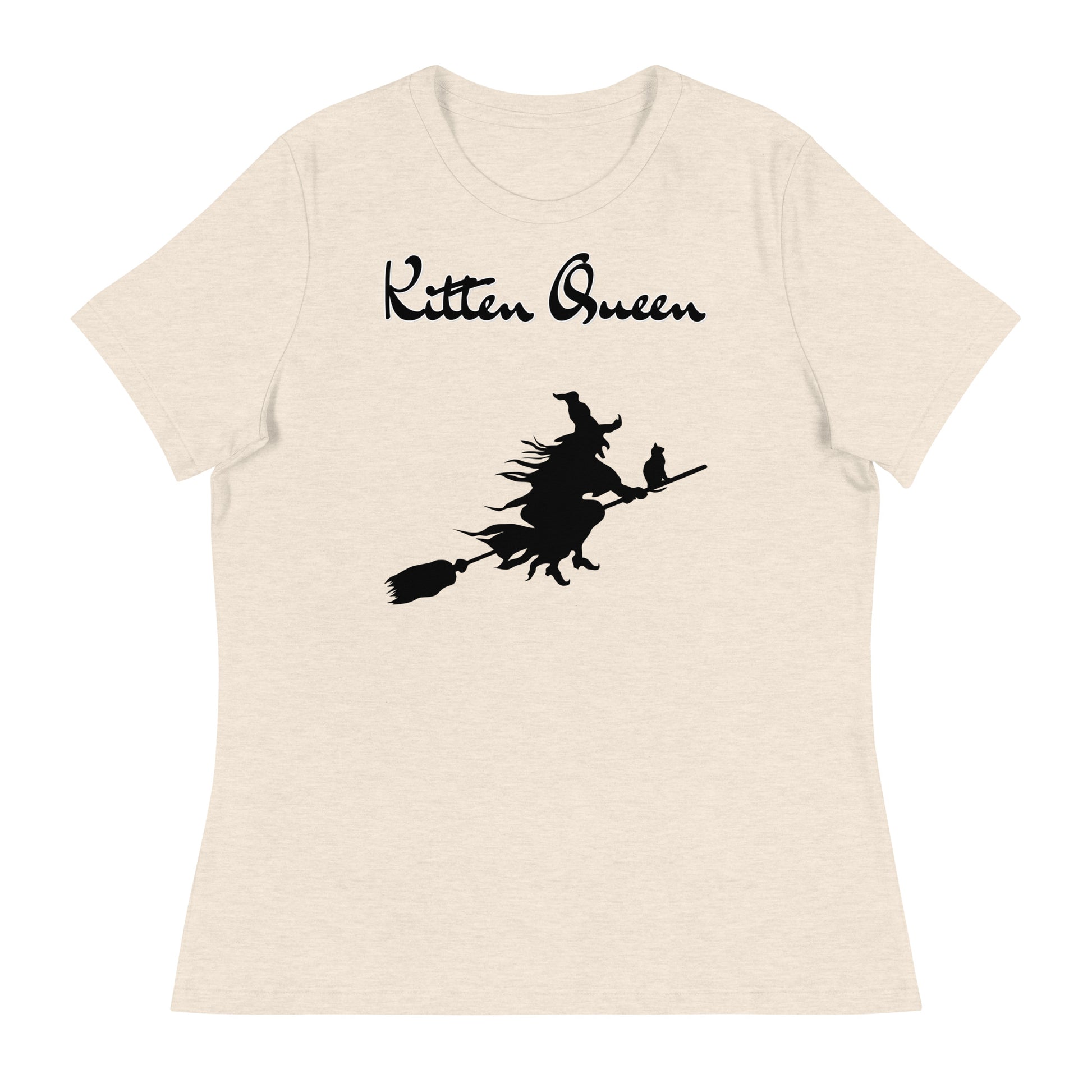 Women's T-Shirt with Flying Witch With Cat On a Broom with a text "Kitten Queen" at $25.97 found at Personalizedpetlovergifts