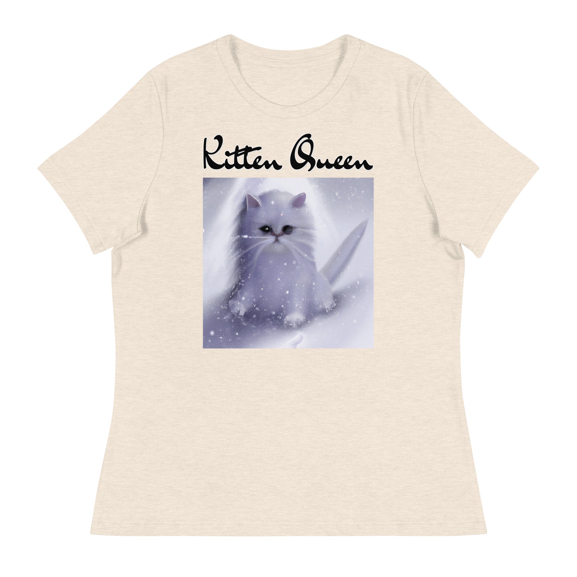 Women's T-Shirt with Fluffy White Kitten In The SNow with a text "Kitten Queen" at $25.97 found at Personalizedpetlovergifts