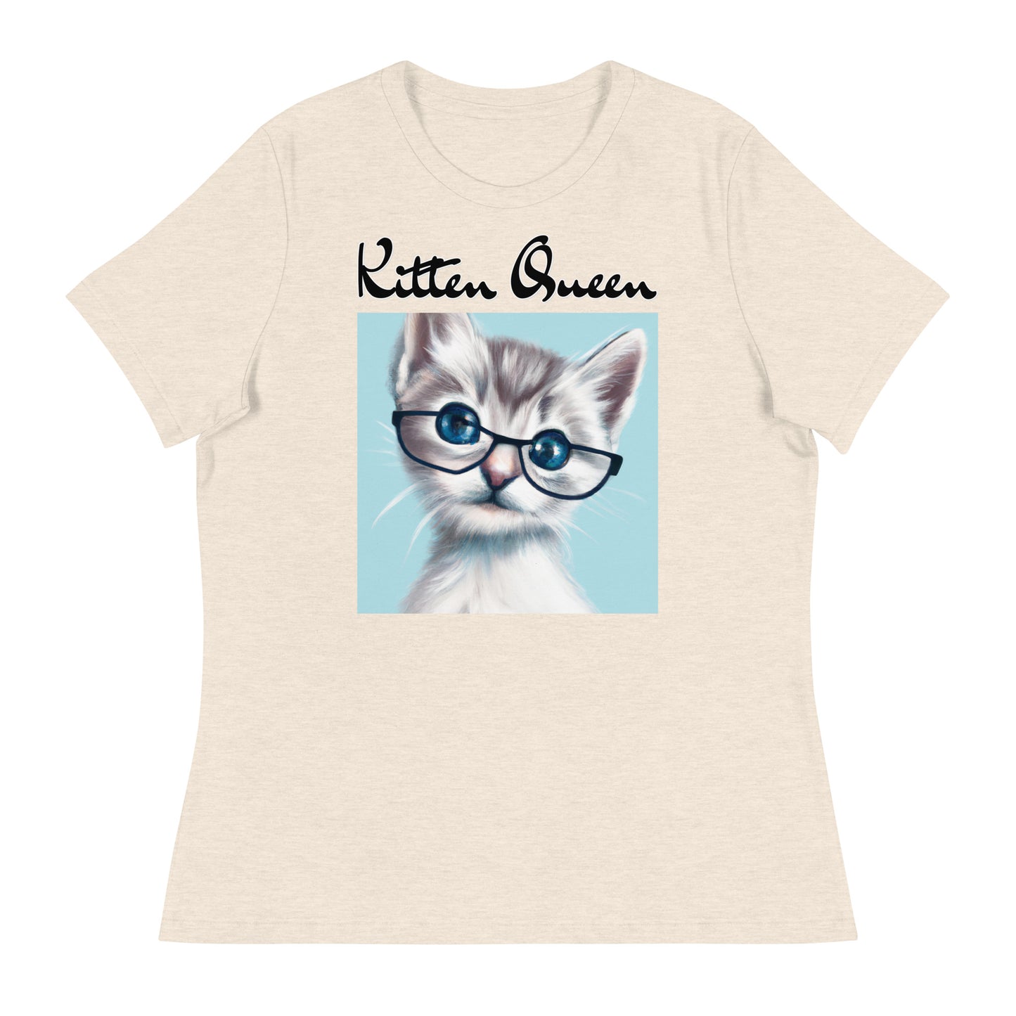 Women's T-Shirt with Fluffy Kitten With Glasses with a text "Kitten Queen" at $25.97 found at Personalizedpetlovergifts