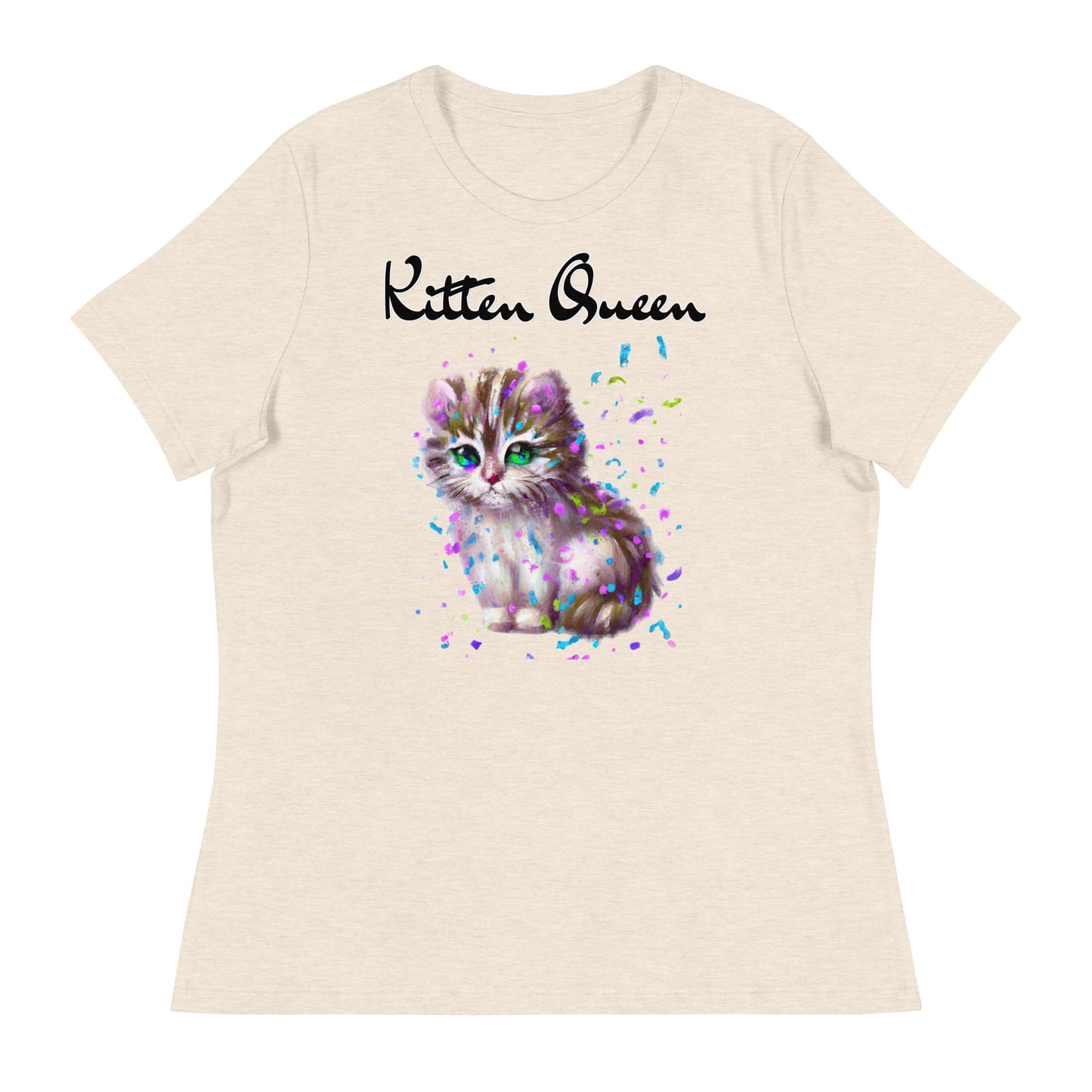 Women's T-Shirt with Fluffy Kitten With Confetti with a text "Kitten Queen" at $25.97 found at Personalizedpetlovergifts