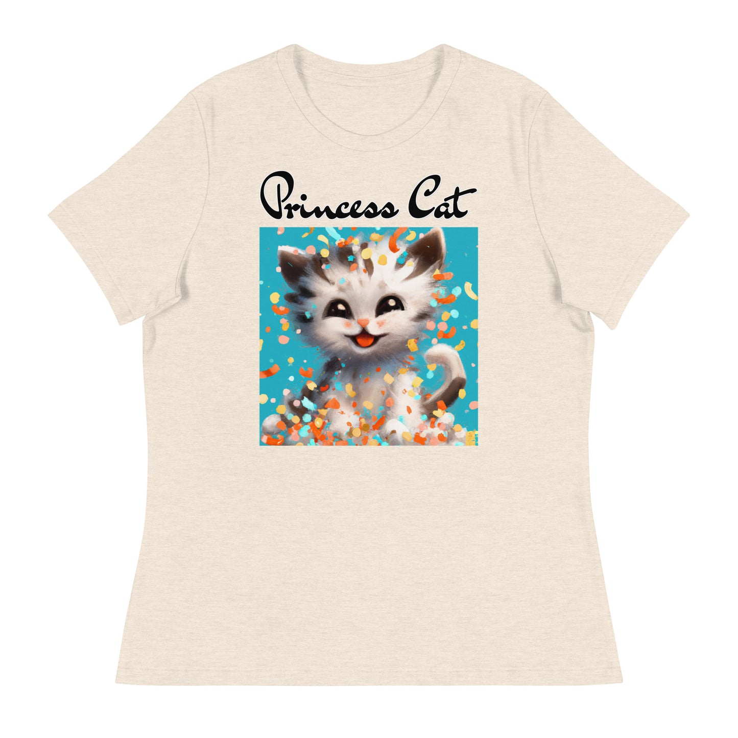 Women's T-Shirt with Happy Kitten With Confetti with a text "Princess Cat" at $25.97 found at Personalizedpetlovergifts