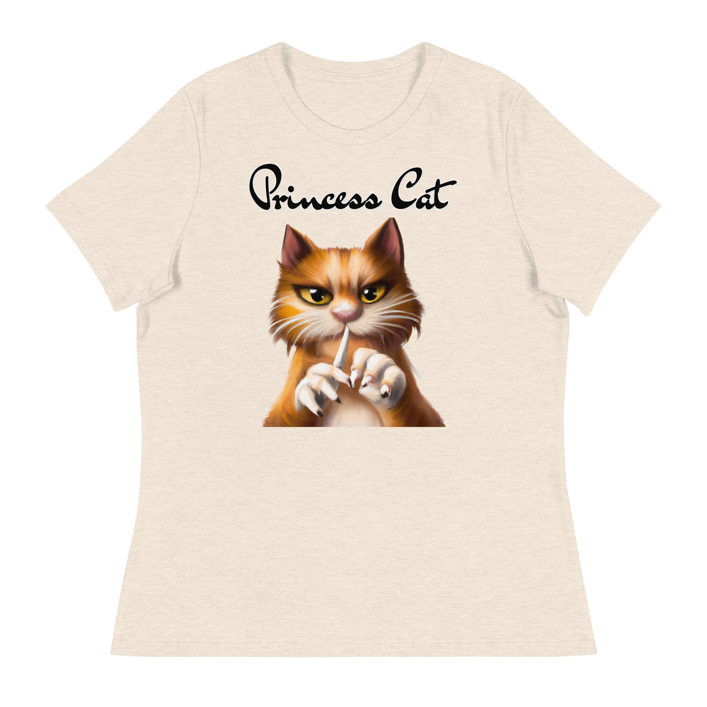 Women's T-Shirt with Ginger Cat Filing Its Nails with a text "Princess Cat" at $25.97 found at Personalizedpetlovergifts