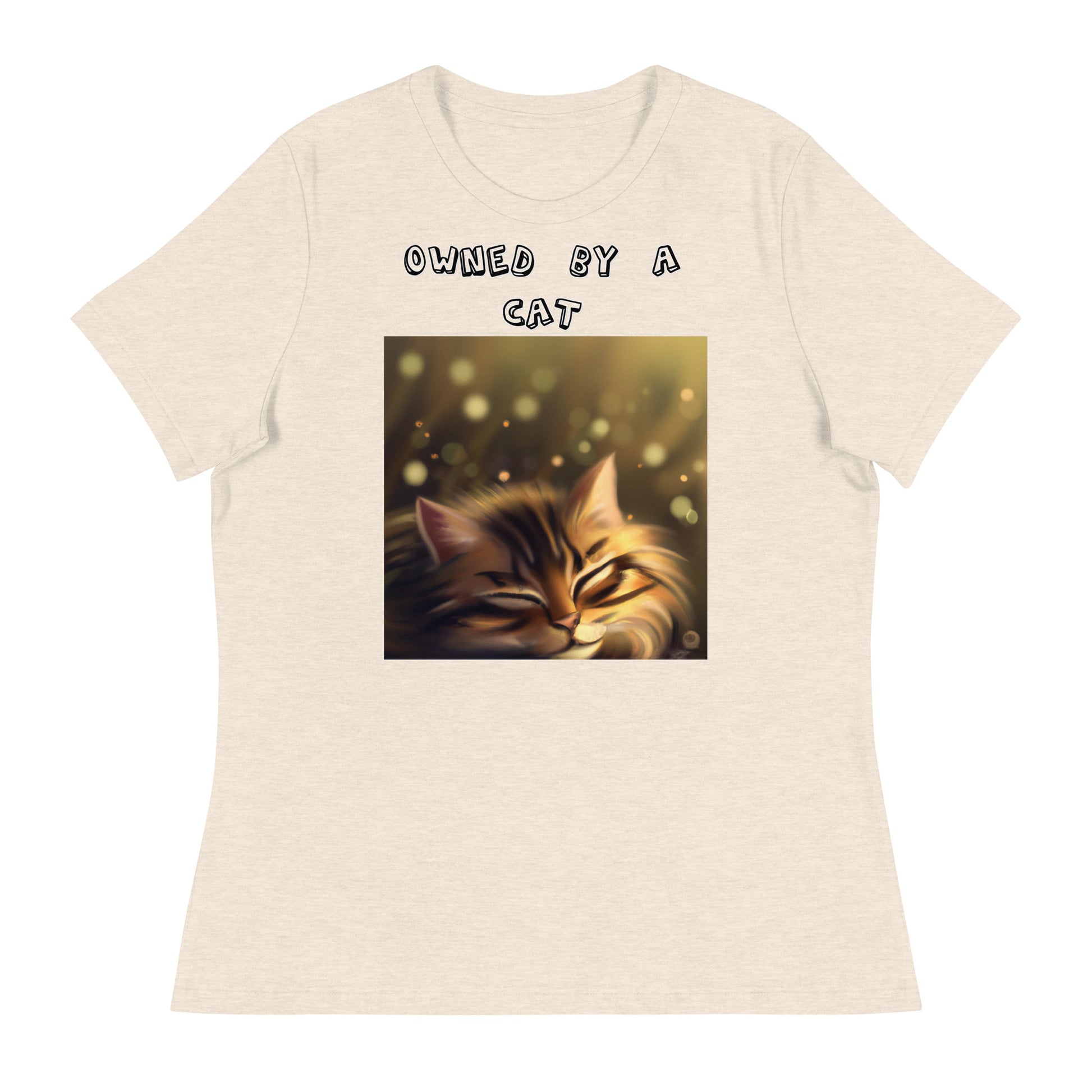 Women's White T-Shirt with Sleepy Cat with a text "Owned by a Cat" at $25.97 found at Personalizedpetlovergifts