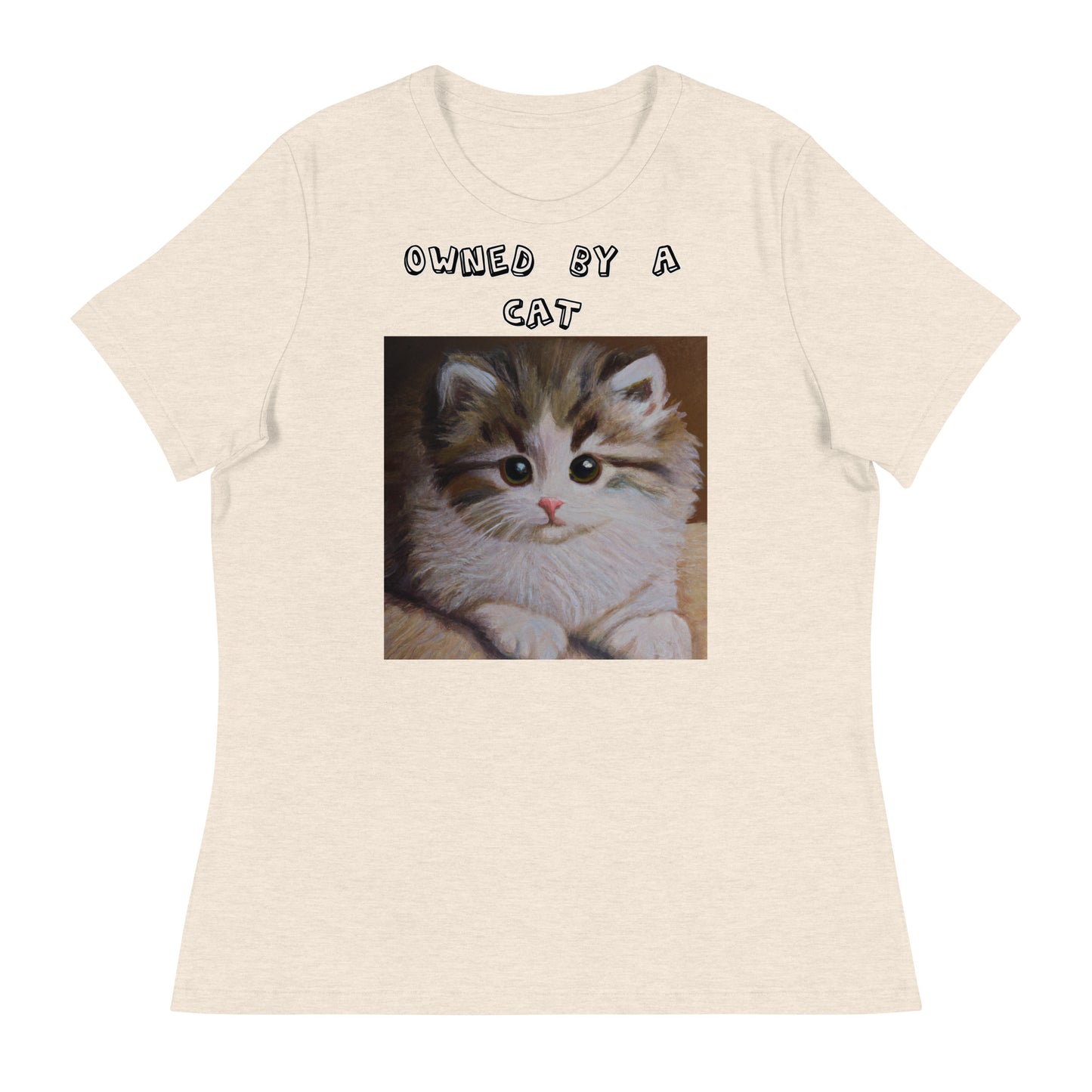 Women's White T-Shirt with Small Fluffy Kitten Painting with a text "Owned by a Cat" at $25.97 found at Personalizedpetlovergifts