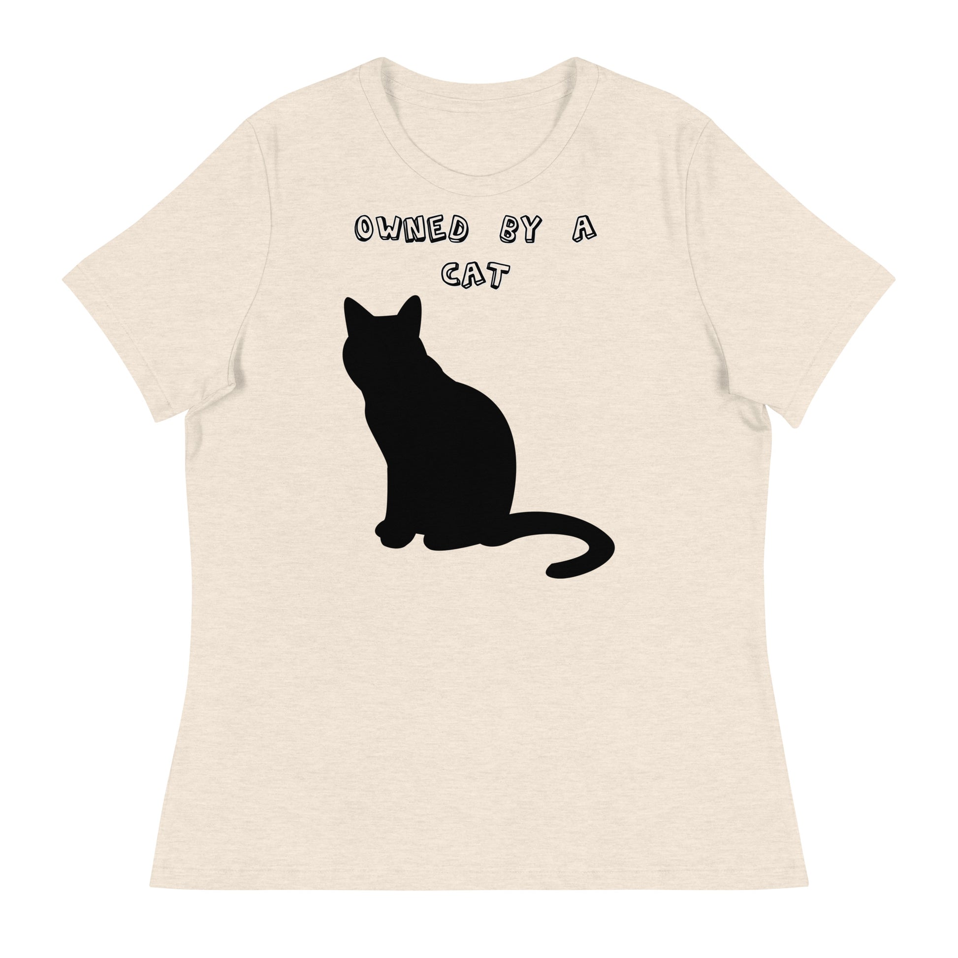 Women's White T-Shirt with Silhouette Of Black Cat with a text "Owned by a Cat" at $25.97 found at Personalizedpetlovergifts