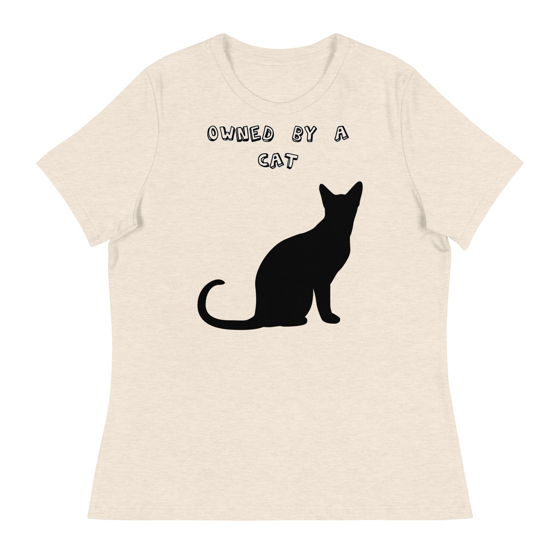 Women's White T-Shirt with Silhouette Of a Black Cat with a text "Owned by a Cat" at $25.97 found at Personalizedpetlovergifts