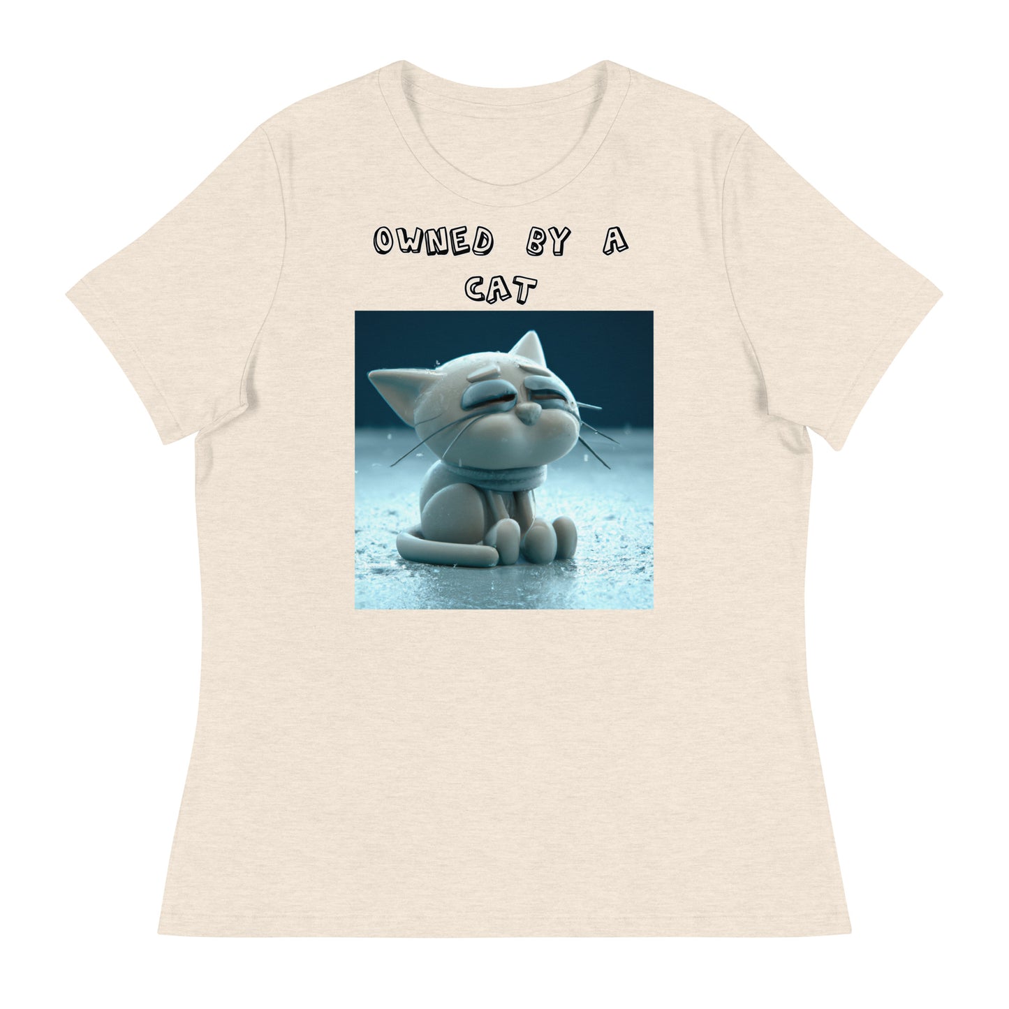 Women's White T-Shirt with Sad Sitting Kitten with a text "Owned by a Cat" at $25.97 found at Personalizedpetlovergifts