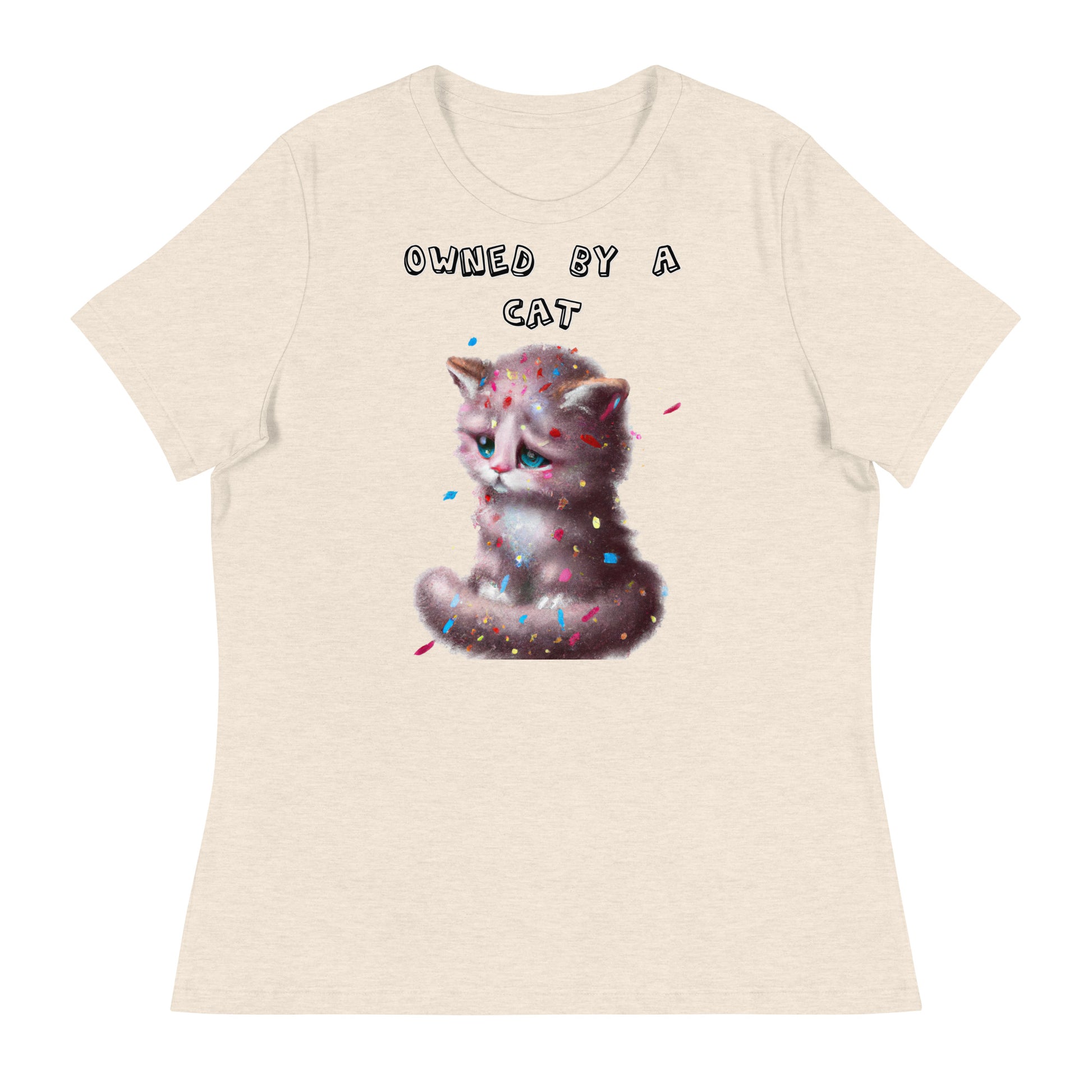 Women's White T-Shirt with Sad Kitten With Confetti with a text "Owned by a Cat" at $25.97 found at Personalizedpetlovergifts