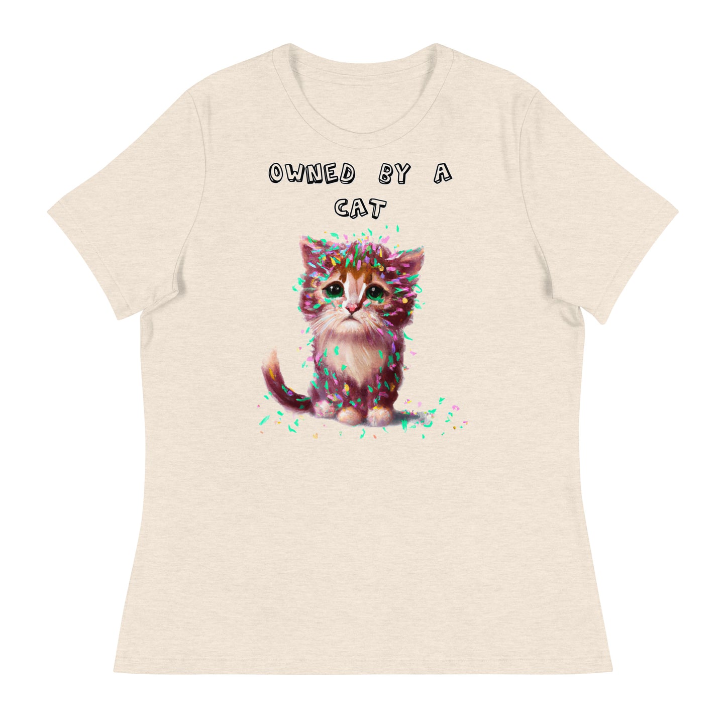 Women's White T-Shirt with Sad Kitten Covered In Confetti with a text "Owned by a Cat" at $25.97 found at Personalizedpetlovergifts