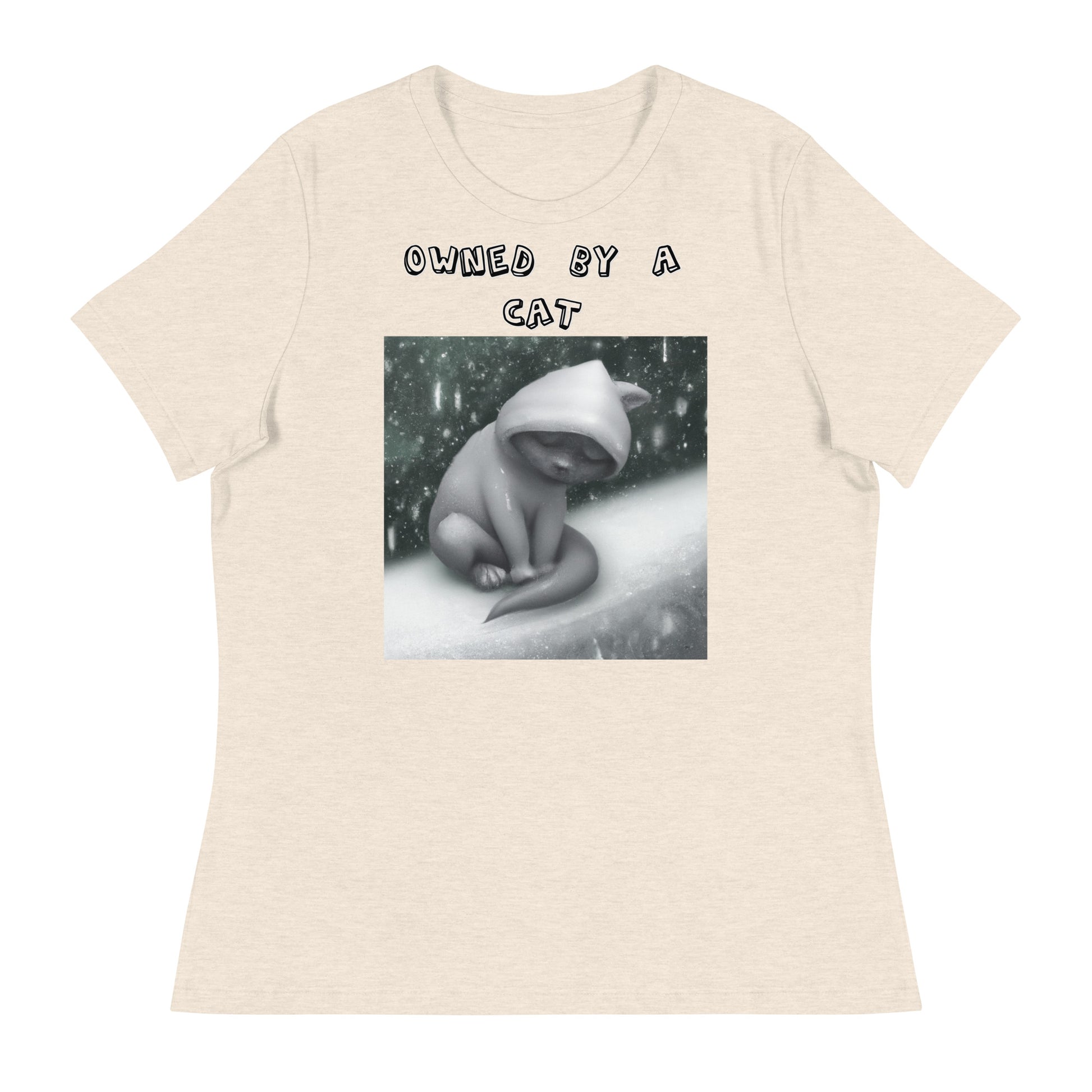 Women's White T-Shirt with Sad Cold Kitten In The Snow with a text "Owned by a Cat" at $25.97 found at Personalizedpetlovergifts