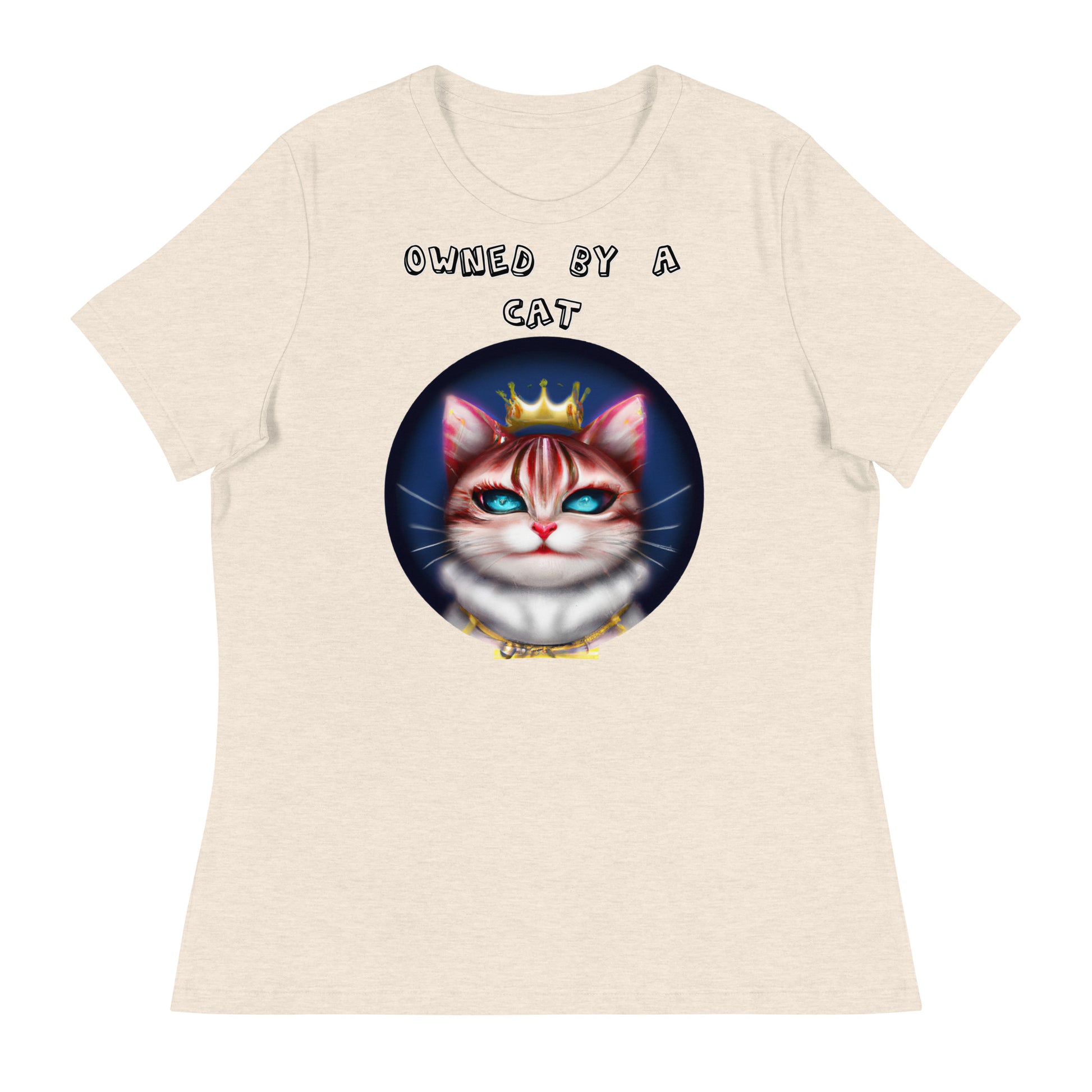 Women's White T-Shirt with Queen Kitten In a Circle with a text "Owned by a Cat" at $25.97 found at Personalizedpetlovergifts