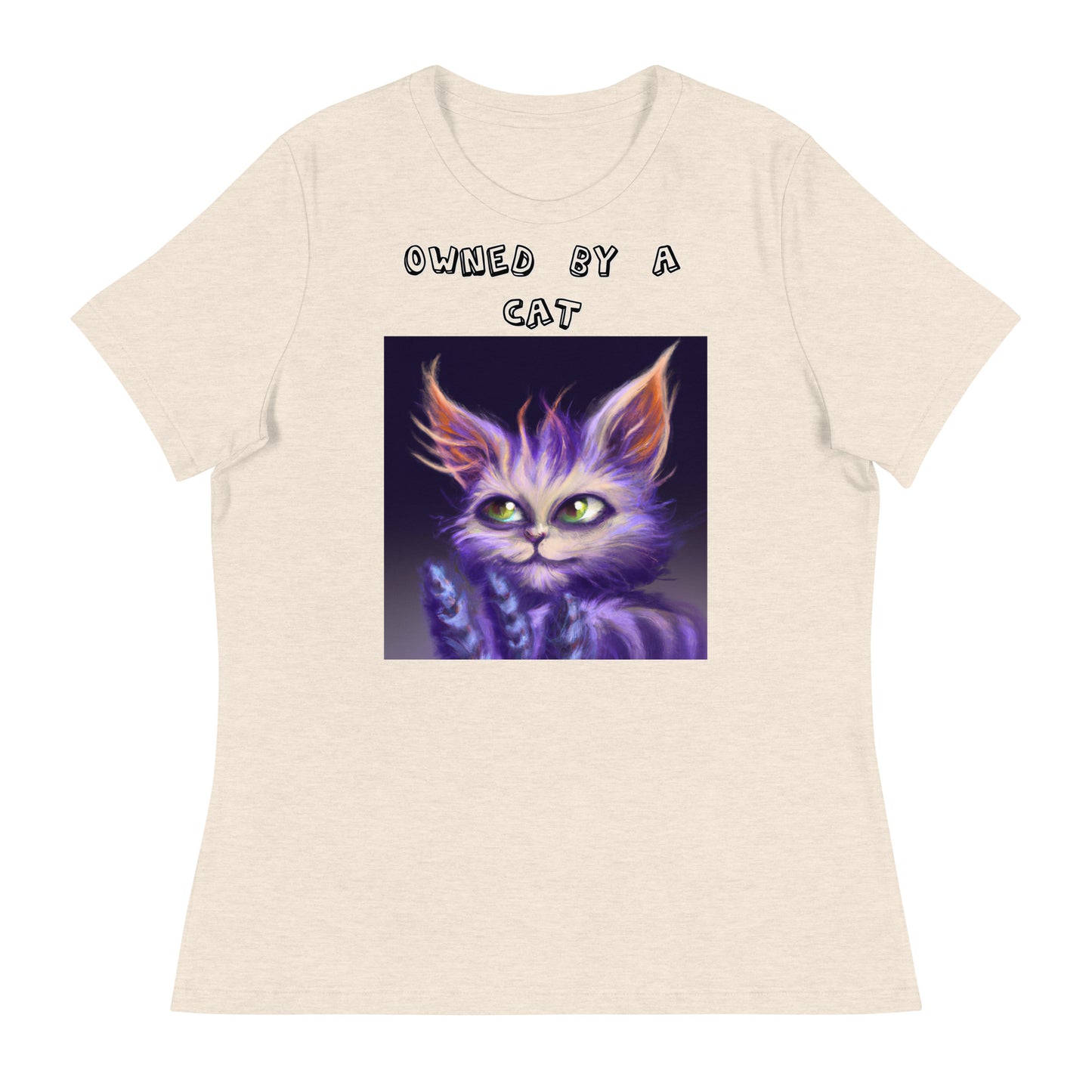 Women's White T-Shirt with Purple Alien Cat with a text "Owned by a Cat" at $25.97 found at Personalizedpetlovergifts