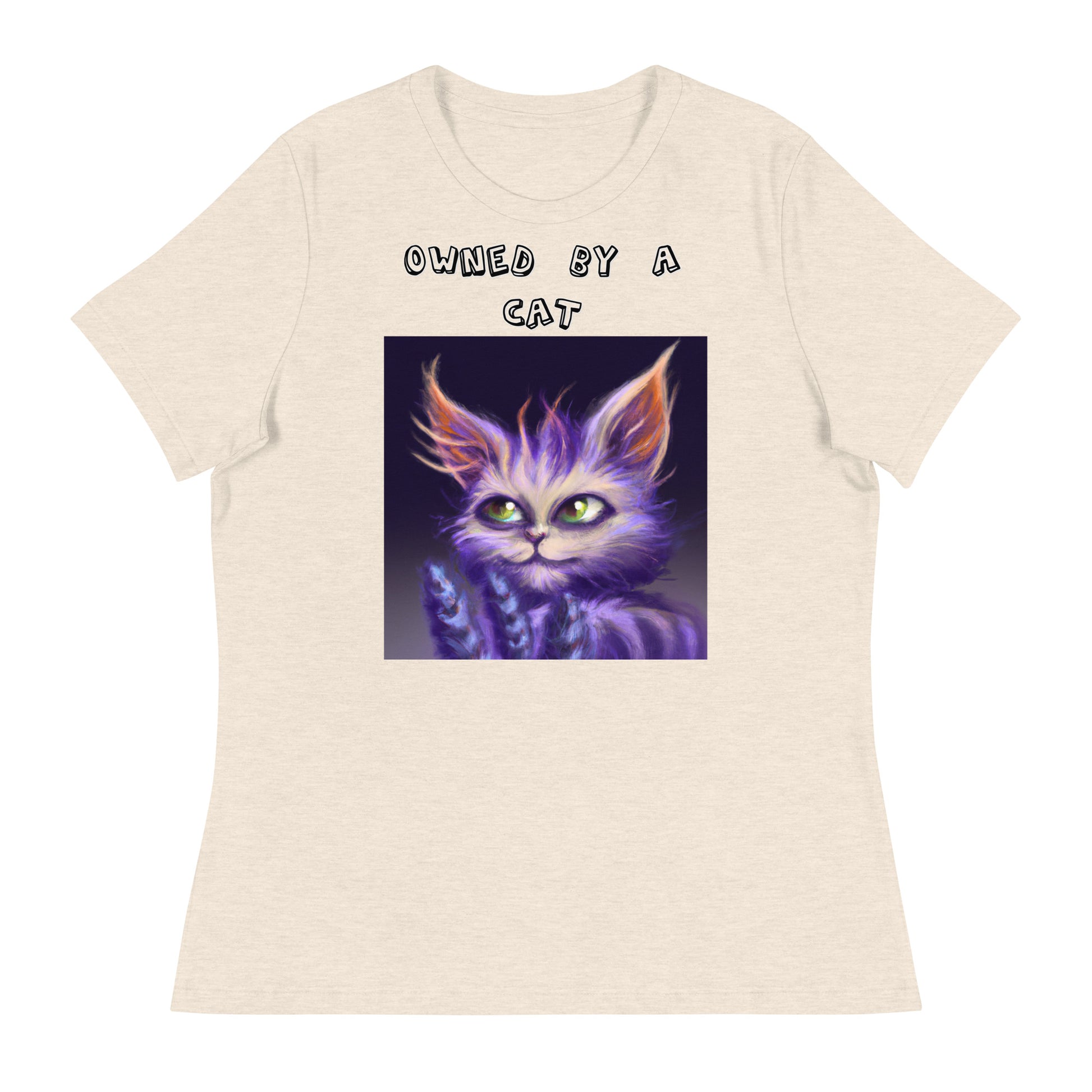 Women's White T-Shirt with Purple Alien Cat with a text "Owned by a Cat" at $25.97 found at Personalizedpetlovergifts