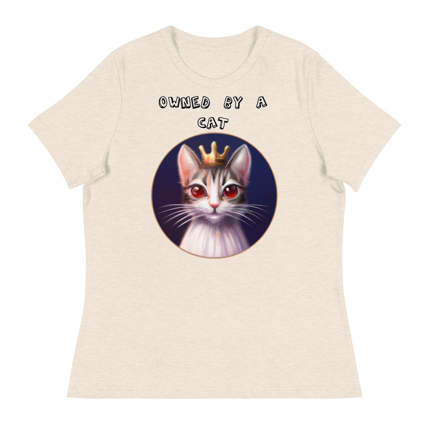 Women's White T-Shirt with Princess Cat With Red Eyes with a text "Owned by a Cat" at $25.97 found at Personalizedpetlovergifts