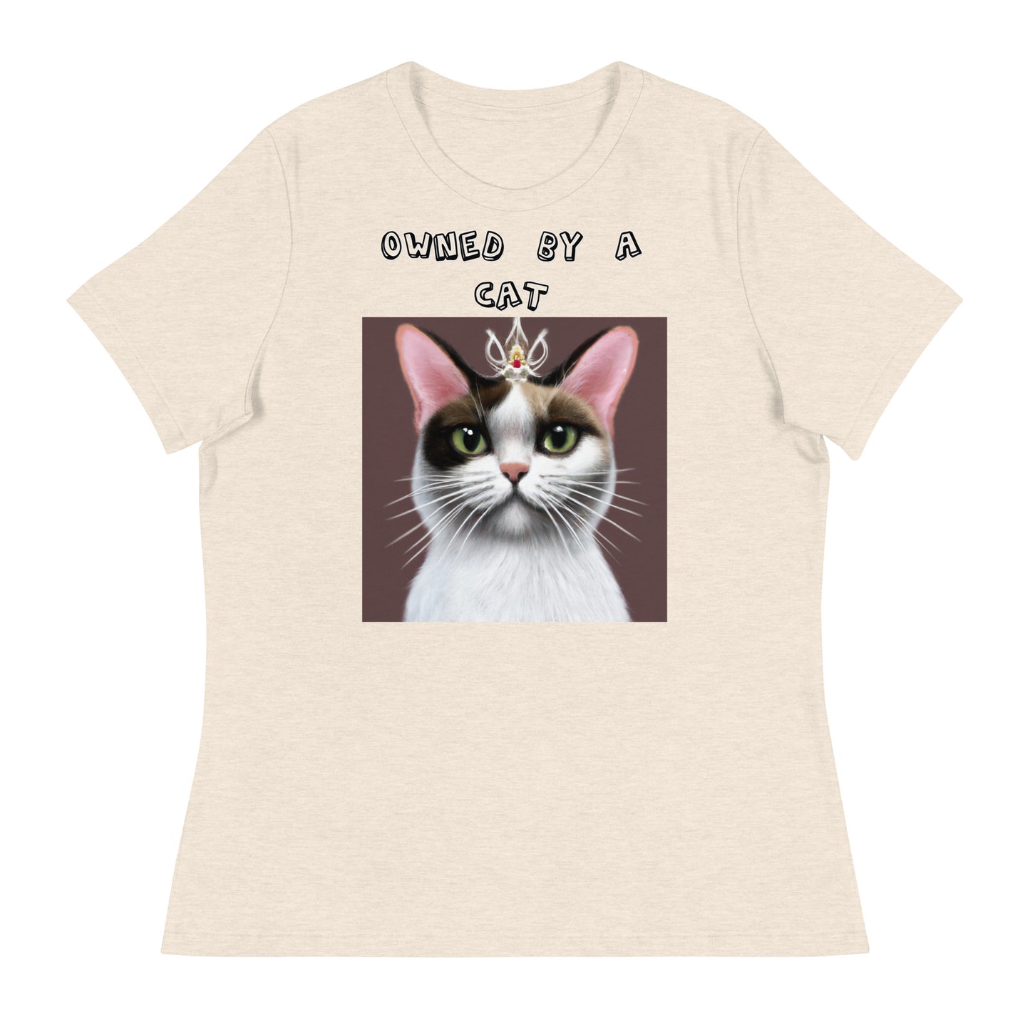 Women's White T-Shirt with Princess Cat With a Tiara with a text "Owned by a Cat" at $25.97 found at Personalizedpetlovergifts