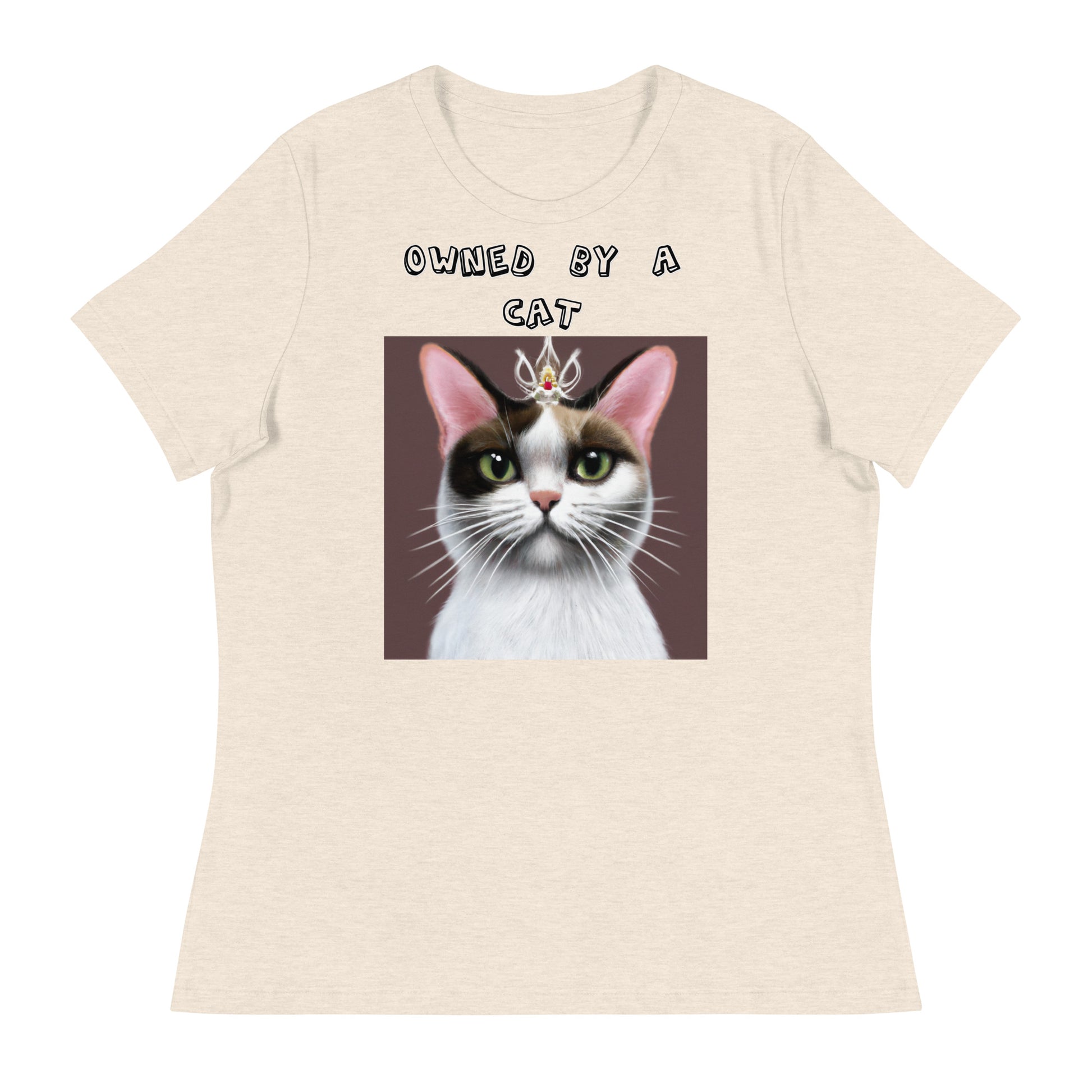 Women's White T-Shirt with Princess Cat With a Tiara with a text "Owned by a Cat" at $25.97 found at Personalizedpetlovergifts