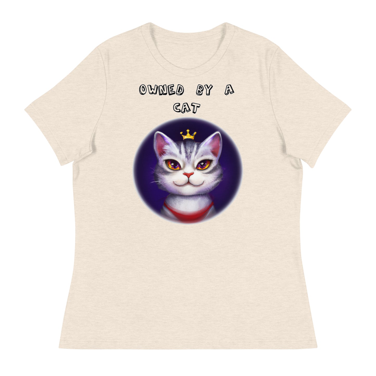 Women's White T-Shirt with Princess Cat In a Circle with a text "Owned by a Cat" at $25.97 found at Personalizedpetlovergifts