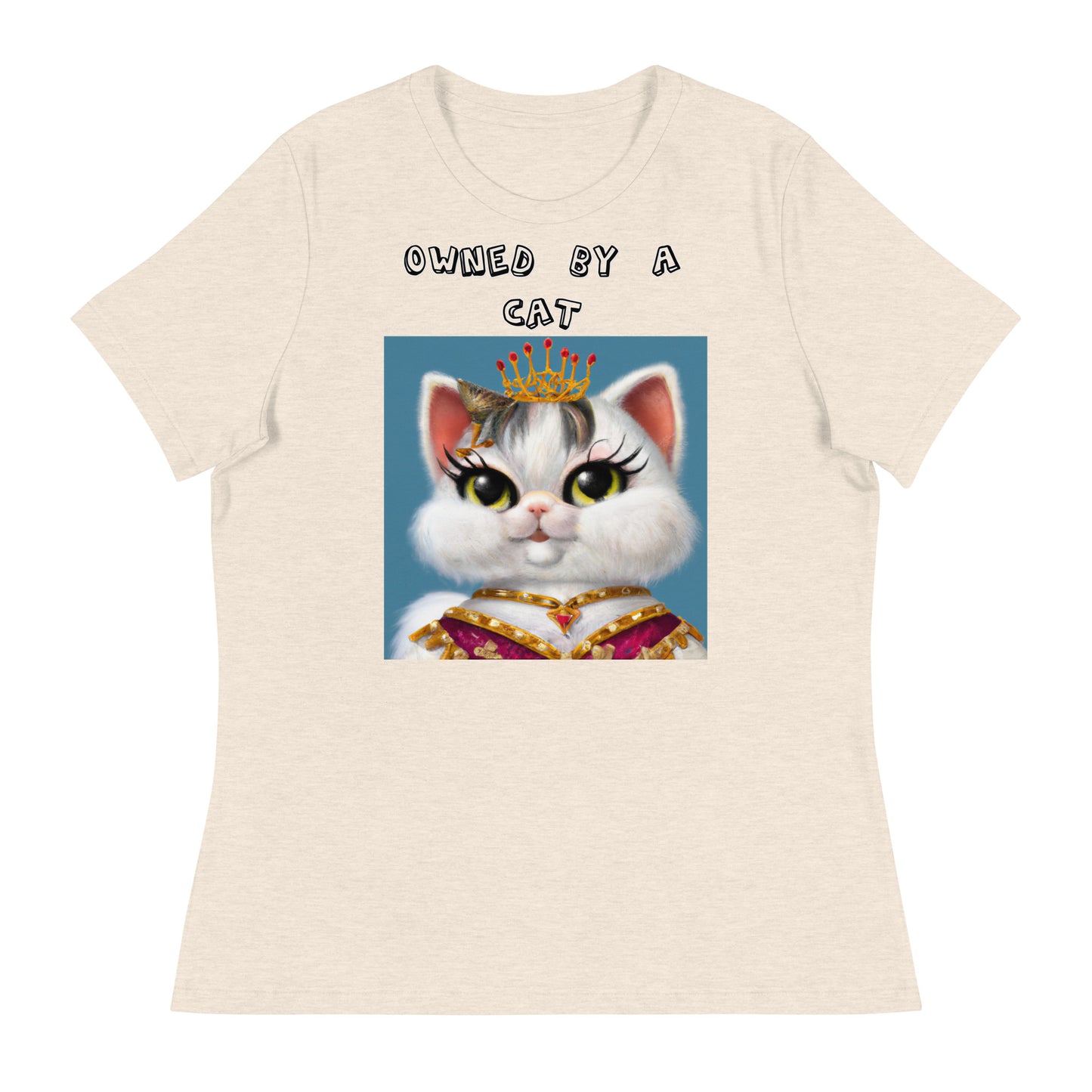 Women's White T-Shirt with Pretty Queen Cat with a text "Owned by a Cat" at $25.97 found at Personalizedpetlovergifts