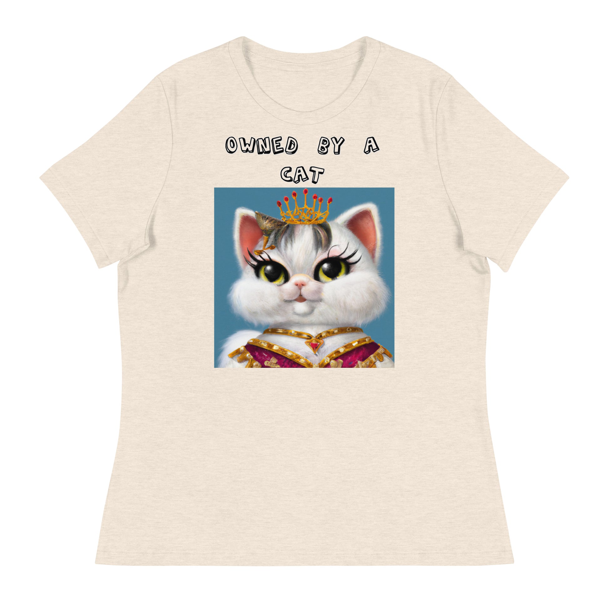 Women's White T-Shirt with Pretty Queen Cat with a text "Owned by a Cat" at $25.97 found at Personalizedpetlovergifts