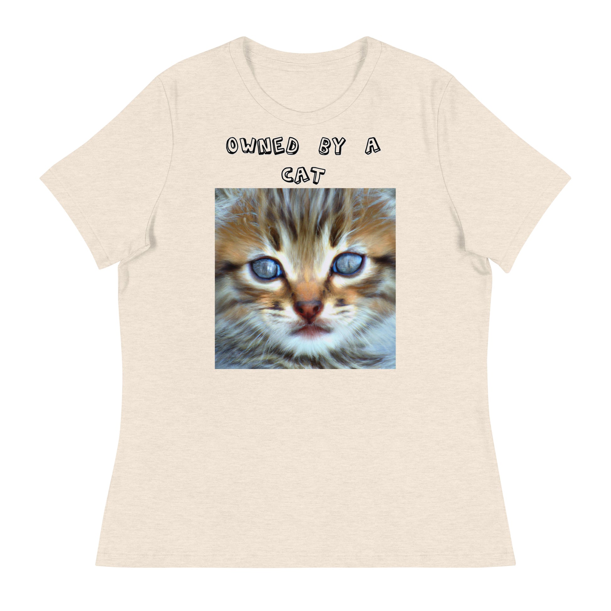 Women's White T-Shirt with Portrait Painting Of a Kitten with a text "Owned by a Cat" at $25.97 found at Personalizedpetlovergifts