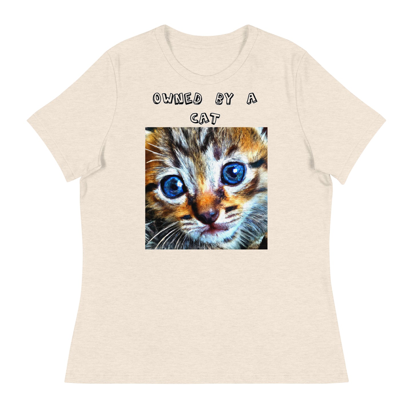 Women's White T-Shirt with Portrait Painting Of a Cat with a text "Owned by a Cat" at $25.97 found at Personalizedpetlovergifts