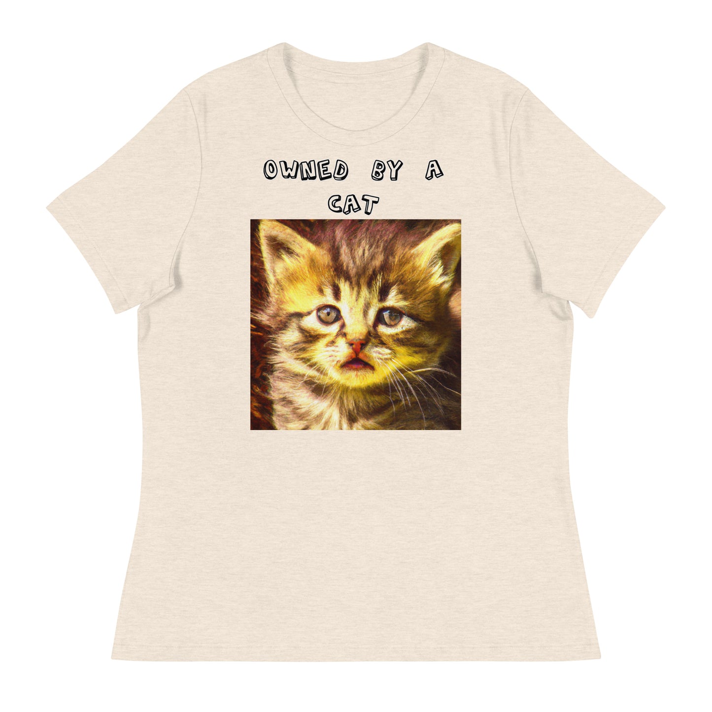 Women's White T-Shirt with Portrait Of a Fluffy Kitten with a text "Owned by a Cat" at $25.97 found at Personalizedpetlovergifts