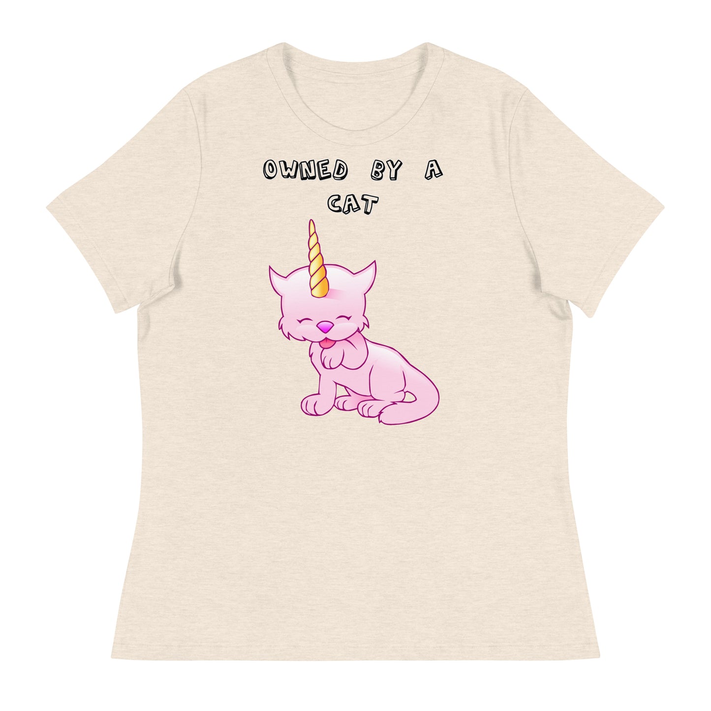 Women's White T-Shirt with Pink Unicorn Cat Licking Its Paw with a text "Owned by a Cat" at $25.97 found at Personalizedpetlovergifts