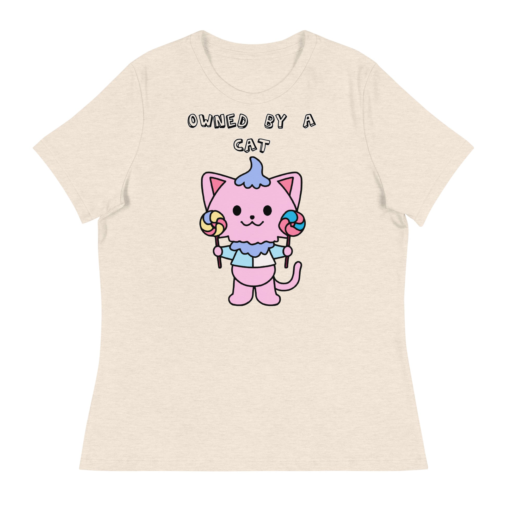 Women's White T-Shirt with Pink Kitten With Lollipops with a text "Owned by a Cat" at $25.97 found at Personalizedpetlovergifts